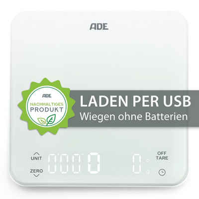 ADE Küchenwaage KE2100 Digitale Waage mit Akku (Aufladen per USB-Kabel), Aufladung per USB-Kabel, integriertem Timer, perfekt als Kaffeewaage