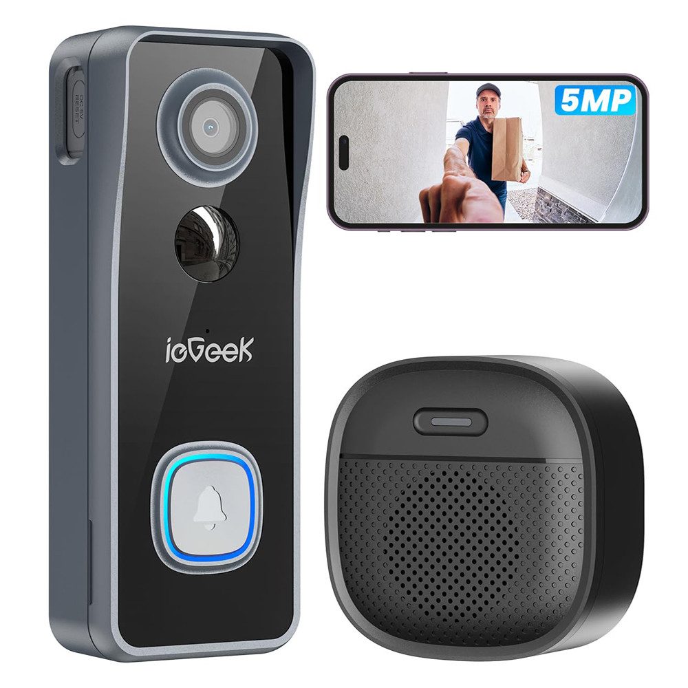 TWUFY Smart Home Türklingel ieGeek 2.4G WiFi Türklingel mit 5MP Kamera, 2K Nachtsicht, PIR (Außenbereich, Aussen, Drinnen, Automatischer Tag/Nachtschalter, Wasserdicht (IP65), Batteriebetrieben (5200 mAh), 1-tlg., 2880×1660 Pixel, Nachtsicht, 120° Weitwinkel, 127° Sichtfeld)
