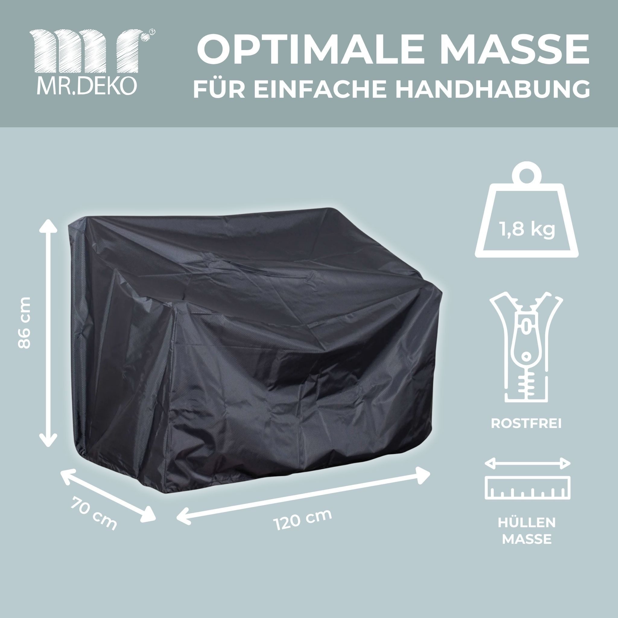 MR.DEKO Gartenmöbel-Schutzhülle Gartenbank Schutzhaube 2-Sitzer – wetterfest, atmungsaktiv (Inklusive Aufbewahrungstasche – ideal für Teak-Gartenbänke, 2-St), Mit Zugband & Stopper – robuster Schutz, Maße 130x70x86 cm
