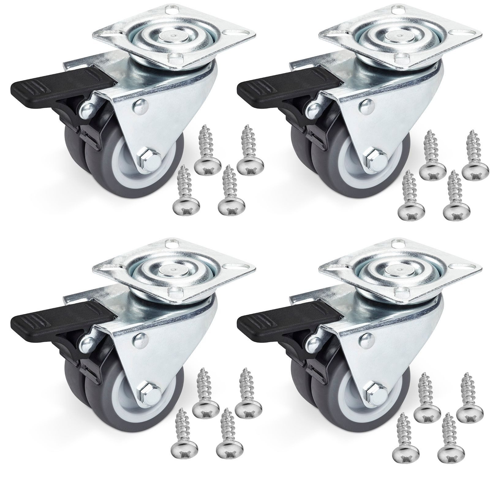 SO-TECH® Schwerlastrolle Doppelte Transportrolle Ø 50 mm mit Anschraubplatte 60x60 mm, (4-St), bis 400 kg, 4er Set Lenkrollen mit Bremse