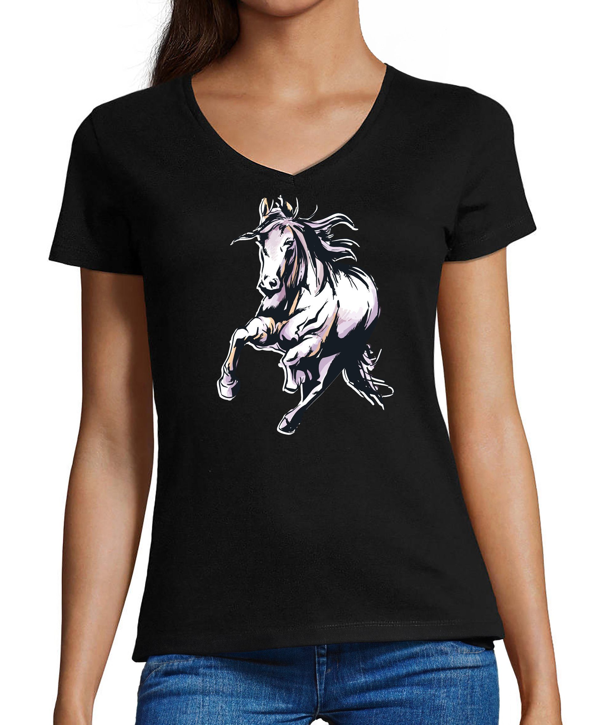 MyDesign24 T-Shirt Damen Pferde Print Shirt - Rennendes Pferd V-Ausschnitt Baumwollshirt mit Aufdruck Slim Fit i168