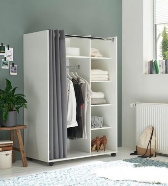 möbelando Kleiderschrank Jill Mobiler Kleiderschrank aus Spanplatte in Weiß, Vorhang aus 100% Polyester in Grau mit 3 Konstruktionsböden, 2 Einlegeböden, 1 Kleiderstange und 4 Rollen. Breite 100 cm, Höhe 145 cm, Tiefe 50 cm