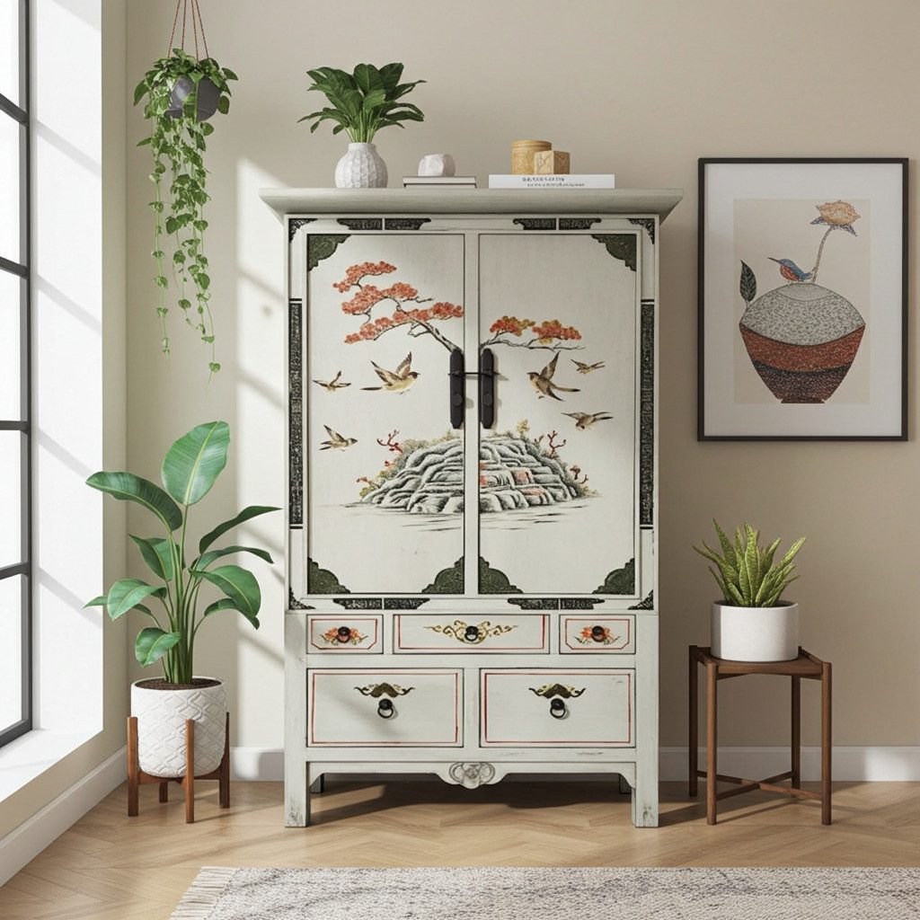 OPIUM OUTLET Kleiderschrank Chinesischer Hochzeitsschrank beige-grau Vintage-Stil (B x T x H: 90 x 60 x 160 cm; komplett montiert, Farbe hellgrau / beige, Asia Möbel Schrank Kommode orientalisch) asiatisch