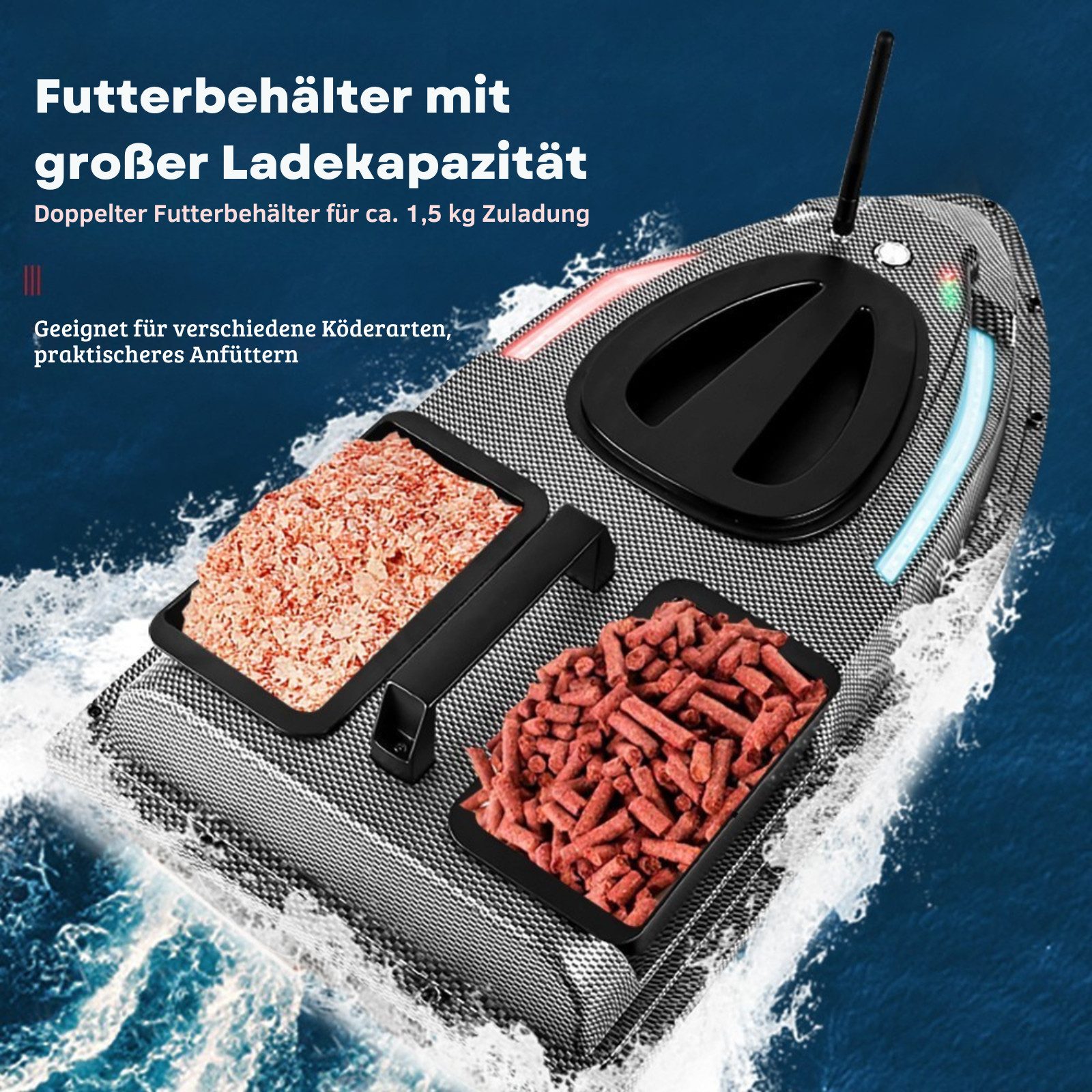 Tekoo RC-Boot GPS Futterboot, 500m Reichweite, Return-to-Home & 2 Akkus (Set, Komplettset mit 2 Akkus), GPS-Positionierung mit 40 Speicherplätzen, Return-to-Home Funktion