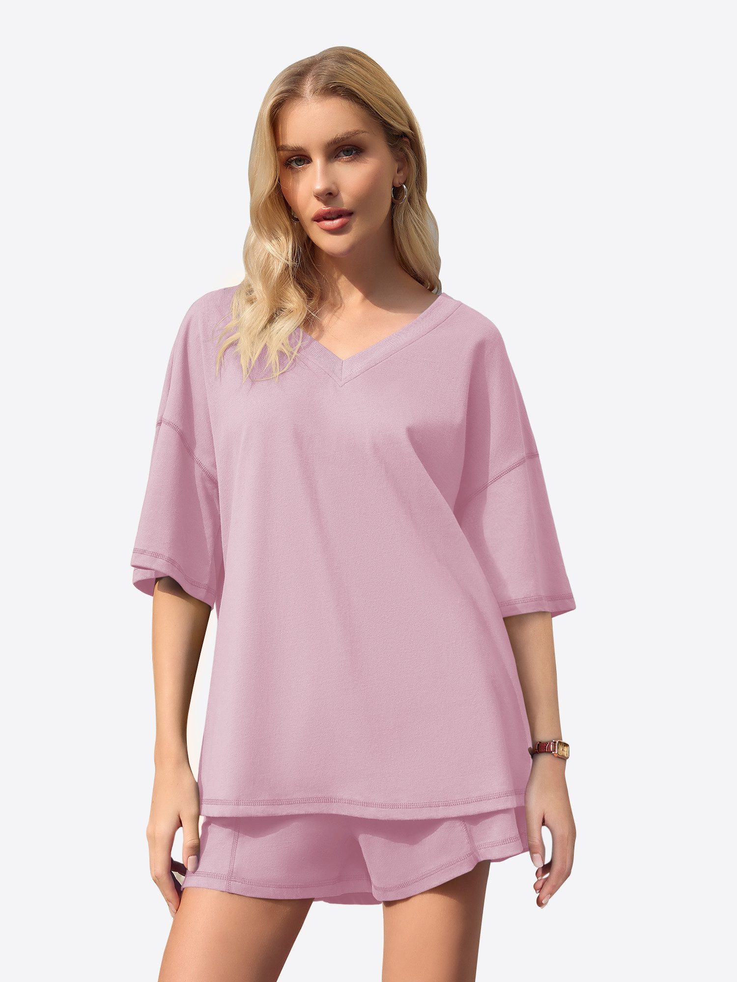 Hausanzug Damen Zweiteilig aus Baumwolle Locker V-Ausschnitt Loungewear