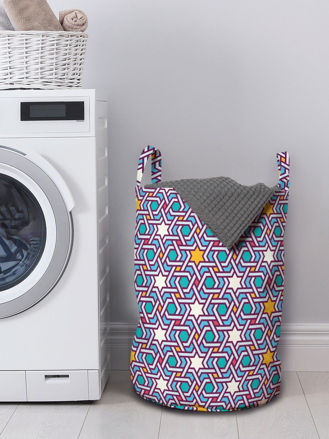 Abakuhaus Wäschesäckchen Wäschekorb Geometrische Waschsalons, Linien Sterne Kordelzugverschluss mit Griffen Bunt für