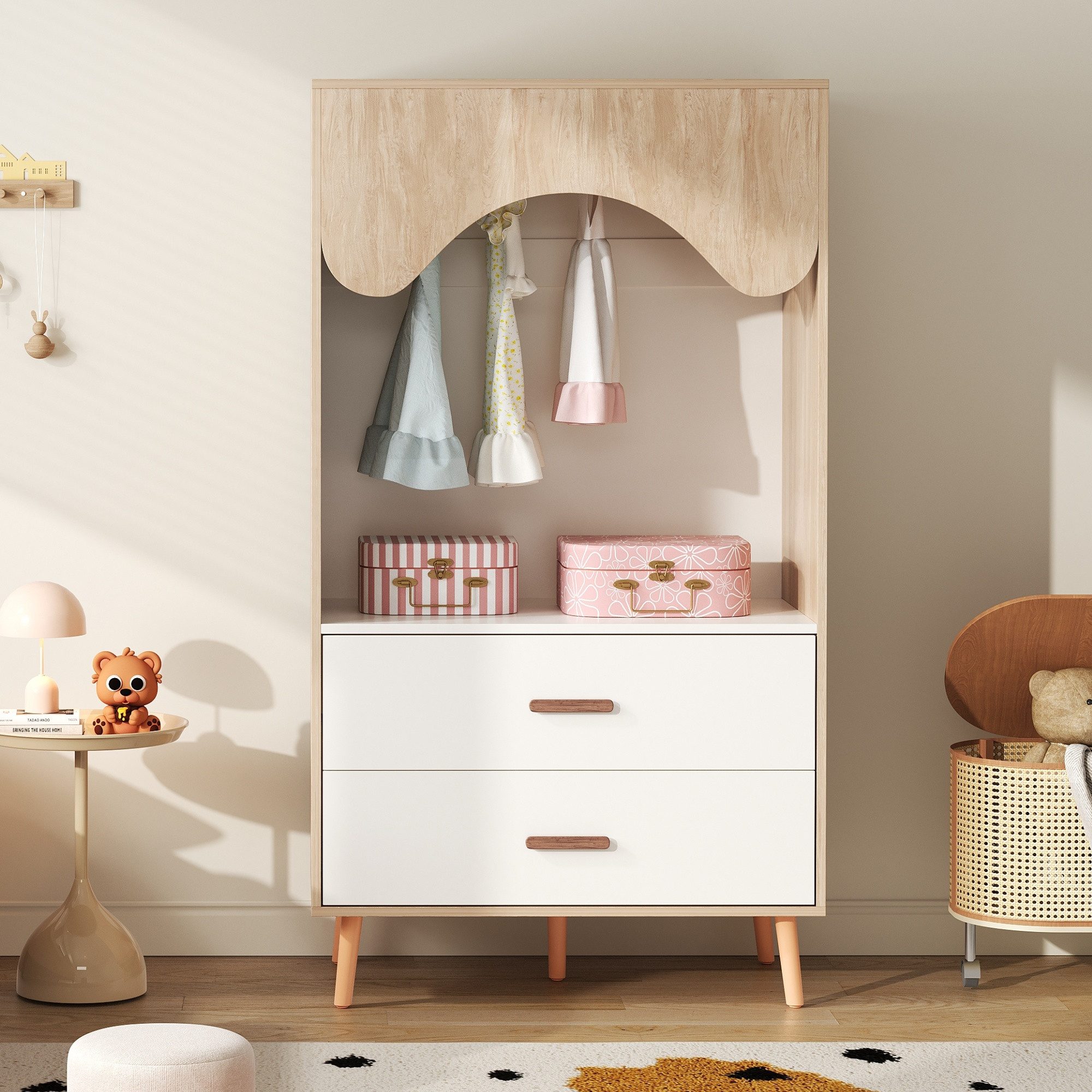 Flieks Kleiderschrank Kinderkleiderschrank mit Kleiderstange und Schubladen 80×46×141.5cm
