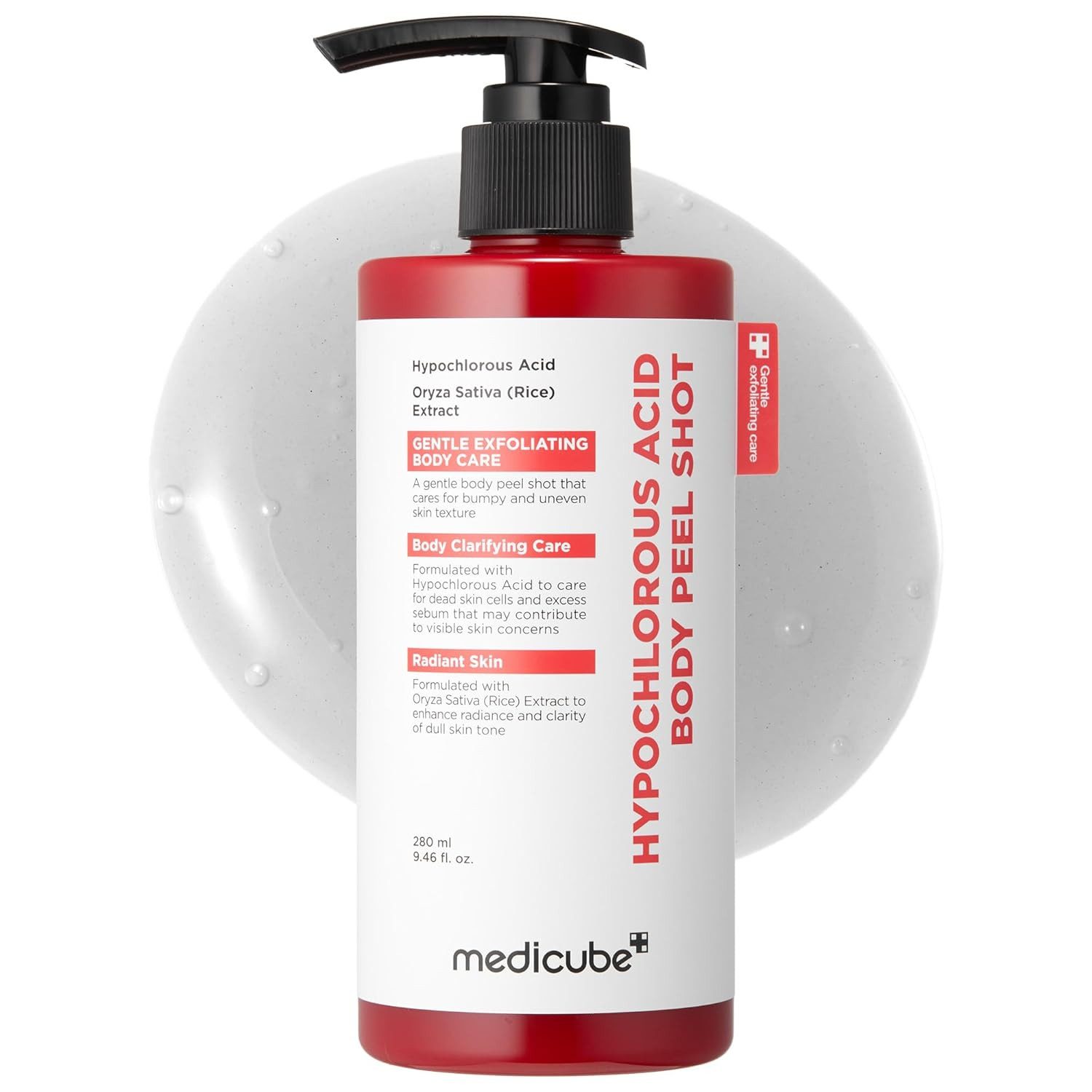Medicube Bodylotion Hypochlorous Acid Body Peel Shot 280ml – Körperpeeling gegen Bacne für Rücken, Oberarme und weitere Problemzonen des Körpers, mit Reisextrakt, Centella Asiatica & Panthenol für beruhigte Haut