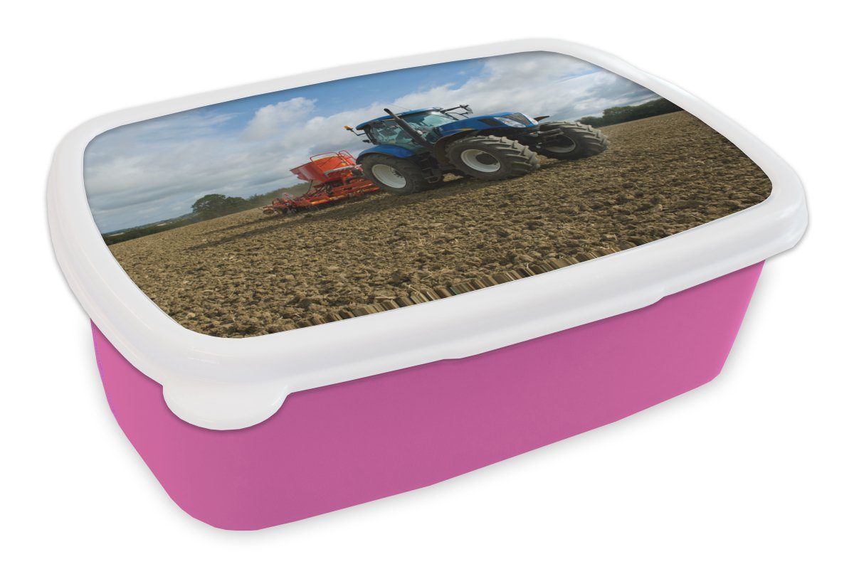 MuchoWow Lunchbox Traktor - Blau - Landleben - Wolken, Kunststoff, (2-tlg), Brotbox für Erwachsene, Brotdose Kinder, Snackbox, Mädchen, Kunststoff rosa