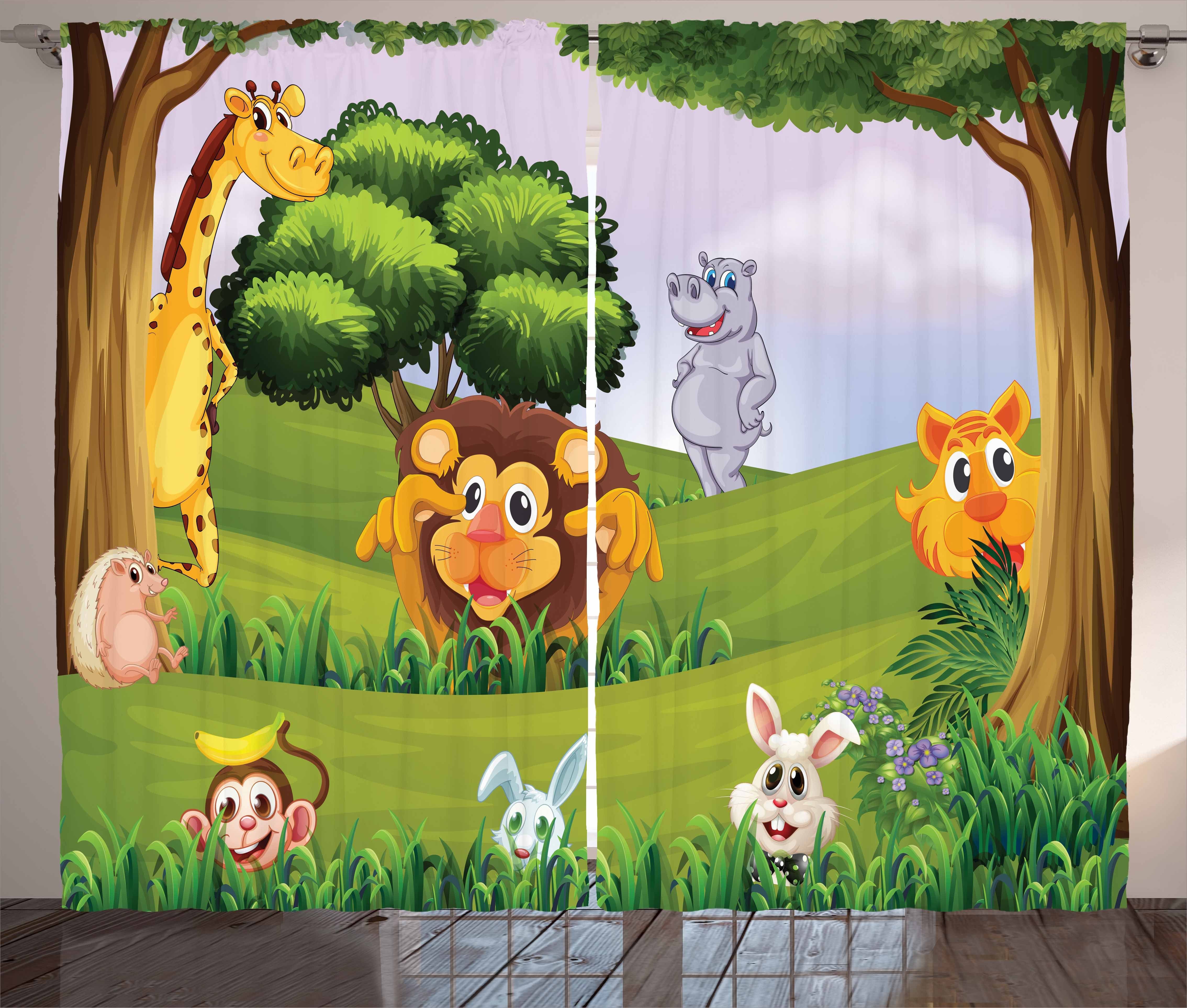 und Abakuhaus, Haken, mit Kräuselband Safari Wald Vorhang Gardine Tiere in Schlaufen Schlafzimmer Zoo