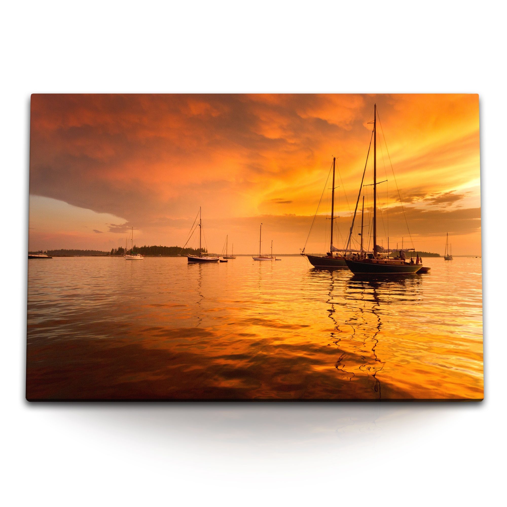 Leinwandbild 120x80cm Wandbild auf Leinwand Roter Himmel Meer Segelboote Abendrot S