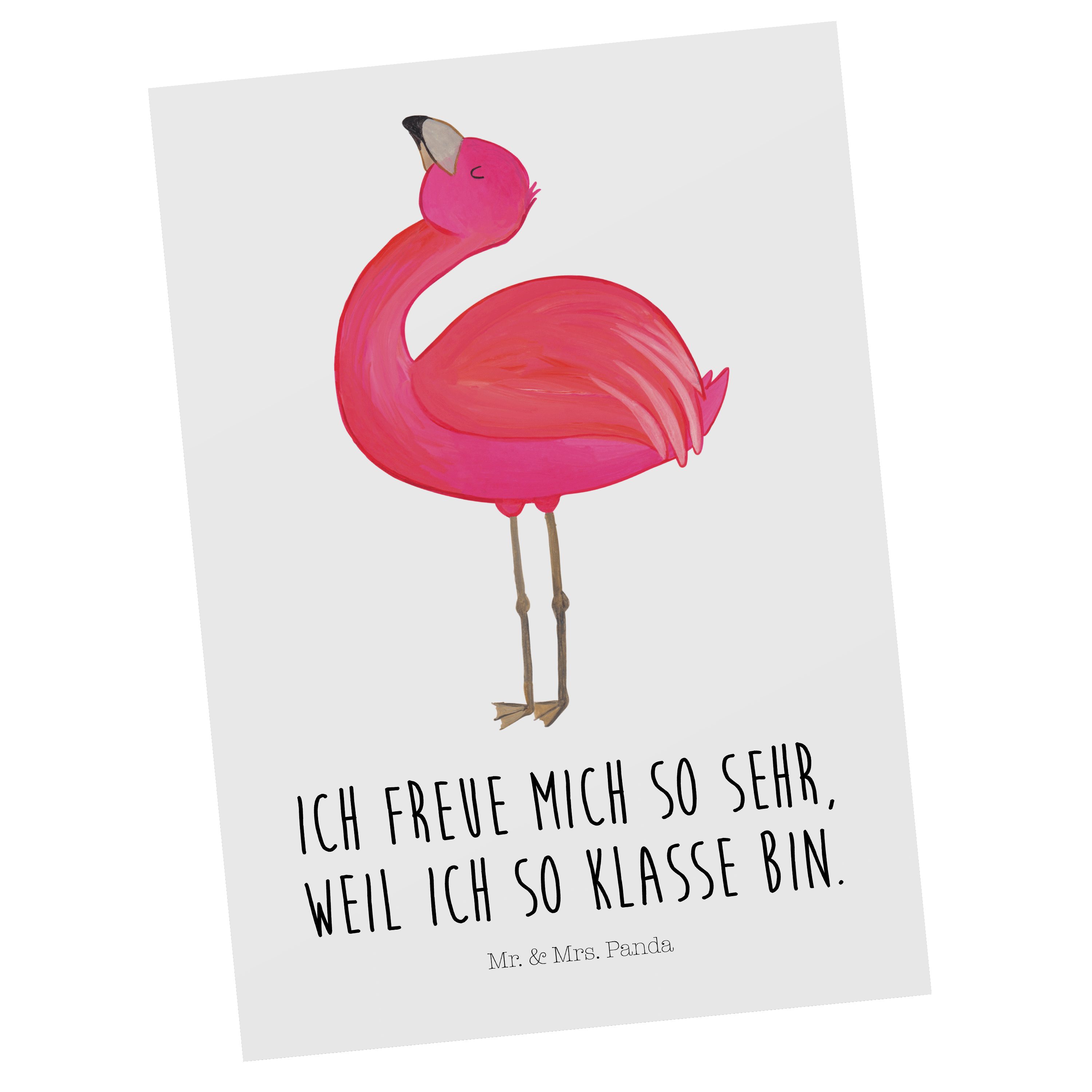 Mr. & Mrs. Panda Postkarte Flamingo stolz - Weiß - Geschenk, Geburtstagskarte, Geschenkkarte, To