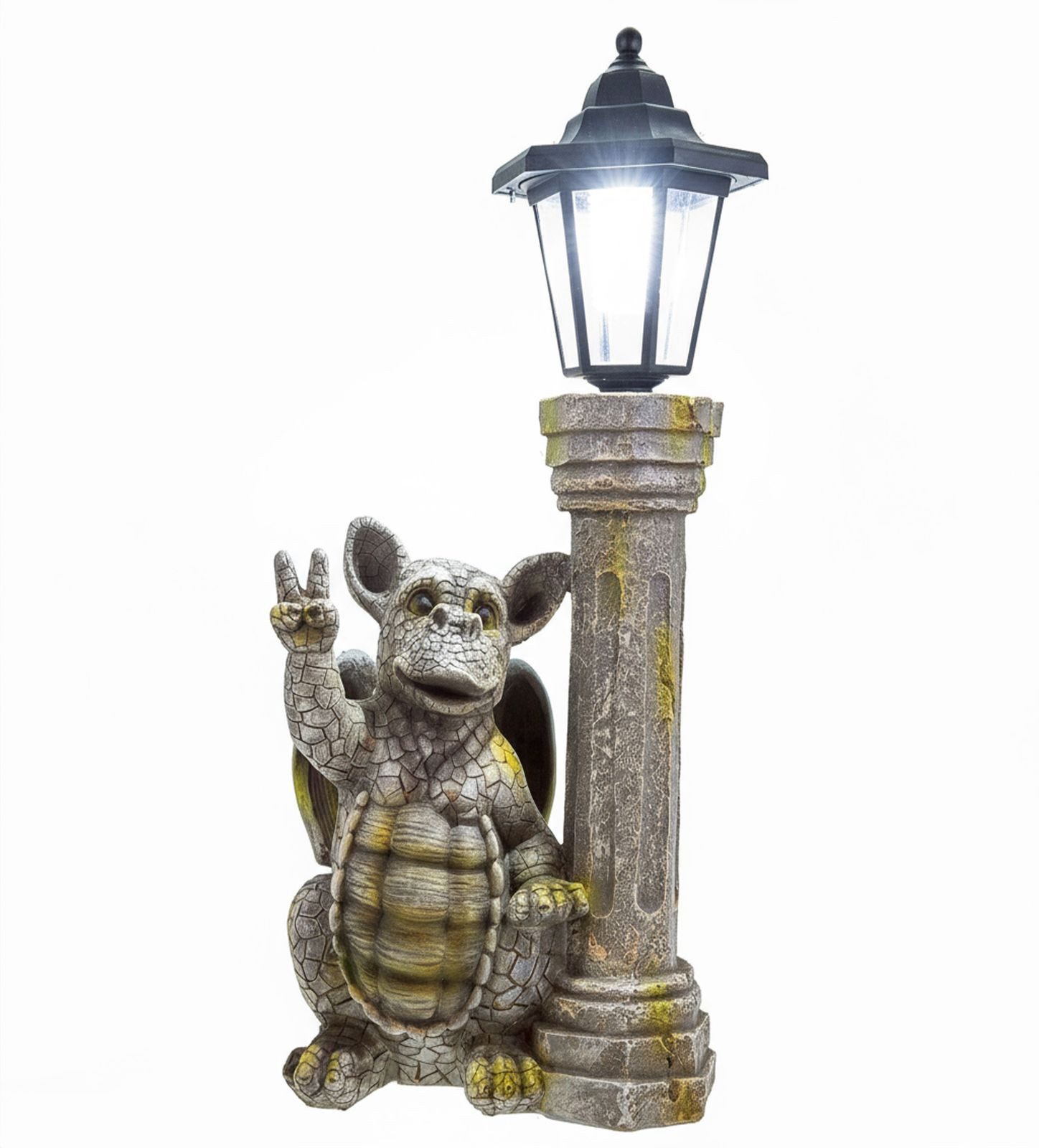 Kremers Schatzkiste Gartenfigur Gartenfigur Drachenkind Peace mit LED Solar Laterne 44 cm Polyresin