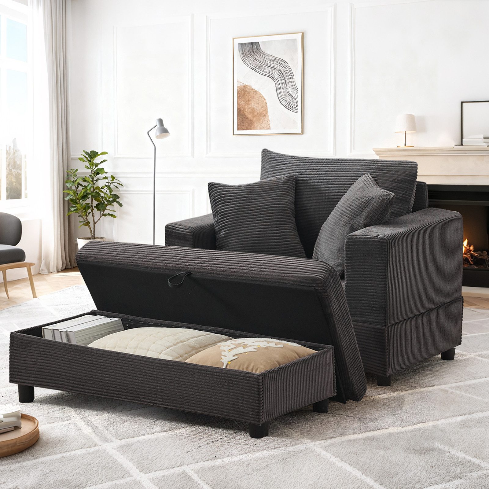 Odikalo Loungesofa Sofas wohnzimmer Einzelsofa Chaiselongue mit Fußablage & Stauraum, Lounge-Sofa mit 3 Kissen für Wohnzimmer & Schlafzimmer Komfortabel, kompakt und platzsparend