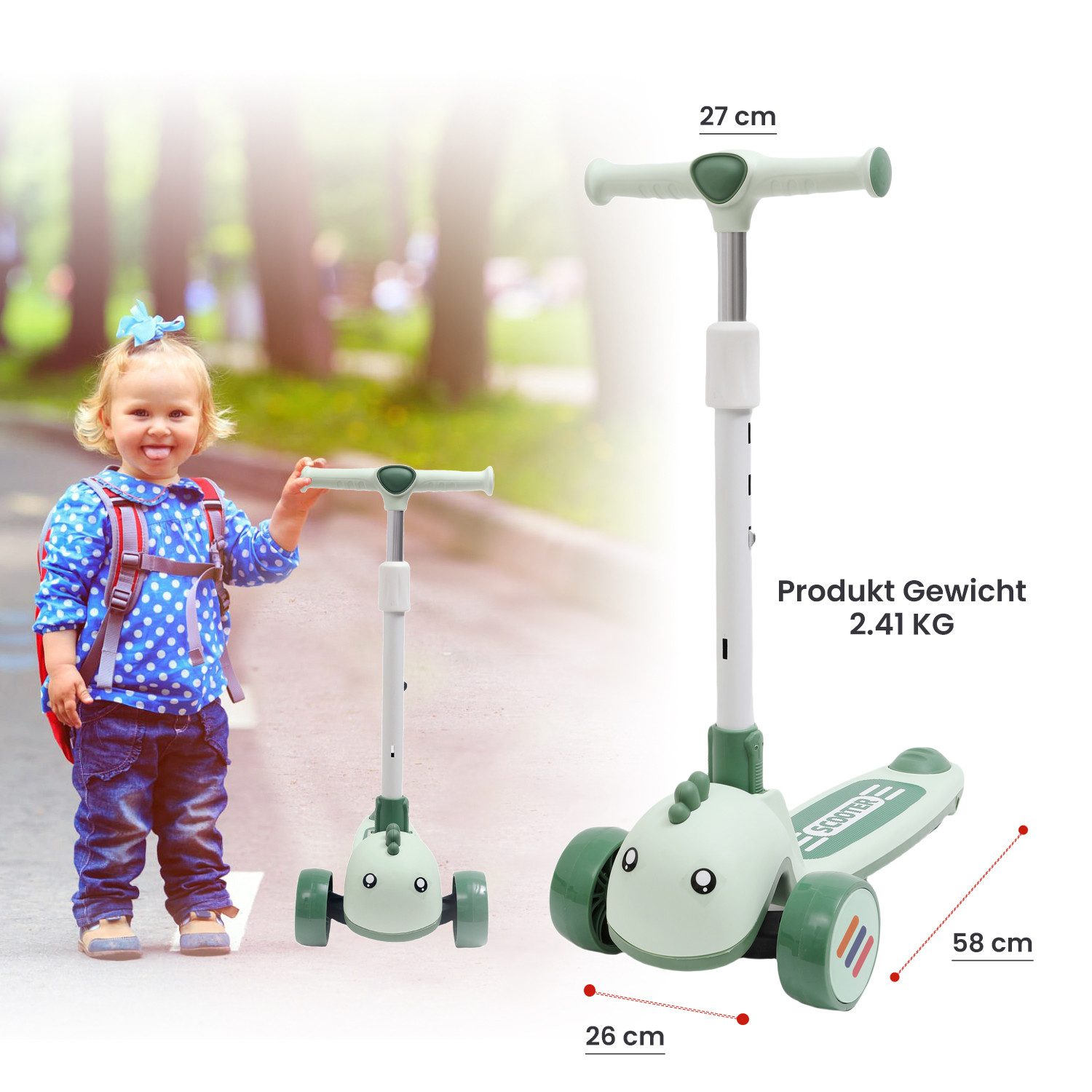 Habib Gruppe Dreiradscooter Kinderroller mit Tier-Design, 3-Rad, LED-Licht & Faltbar