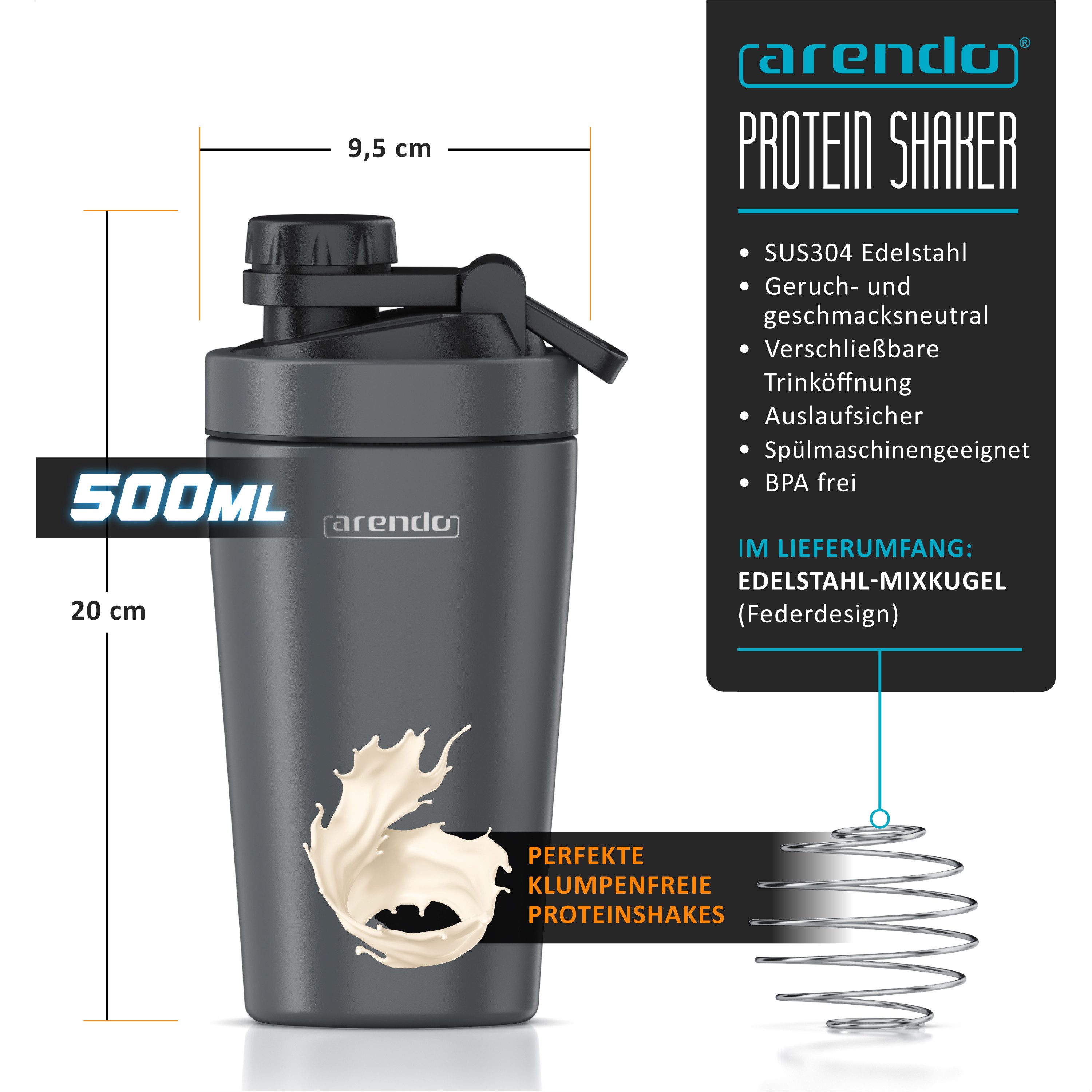 Arendo Protein Shaker Edelstahl Eiweißshaker 500 ml, verschließbar, bruchfest, BPA-frei, Edelstahl, (1-tlg), auslaufsicher, spülmaschinengeeignet, mit Tragegrif – Bild 2 von 5