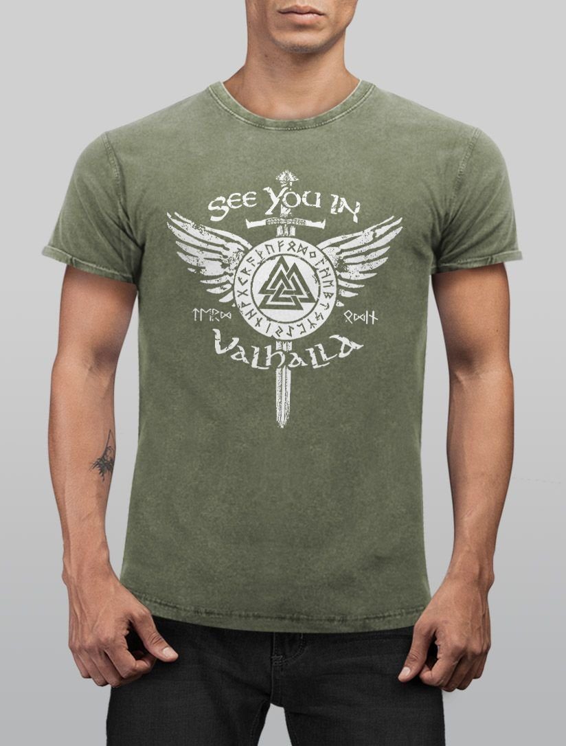 Neverless Print-Shirt Herren Aufdruck Vikings you Runen Vintage mit Valhalla in See Shirt Schwert T-Shirt oliv Odin Neverless® Print Printshirt
