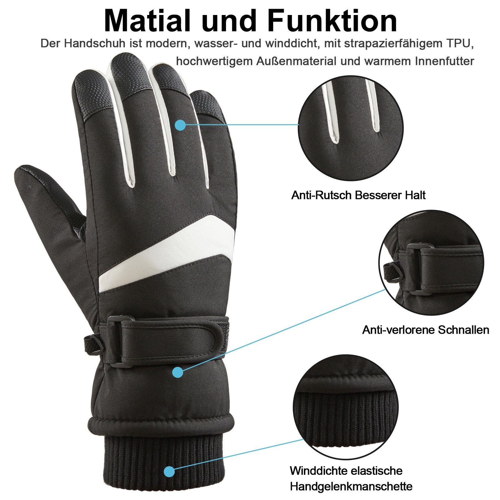 Sunicol Skihandschuhe -30°F Wasserdichter Touchscreen Thermo Snowboardhandschuhe Gepolsterte Herren Damen Fahrradhandschuhe Warme Winterhandschuhe