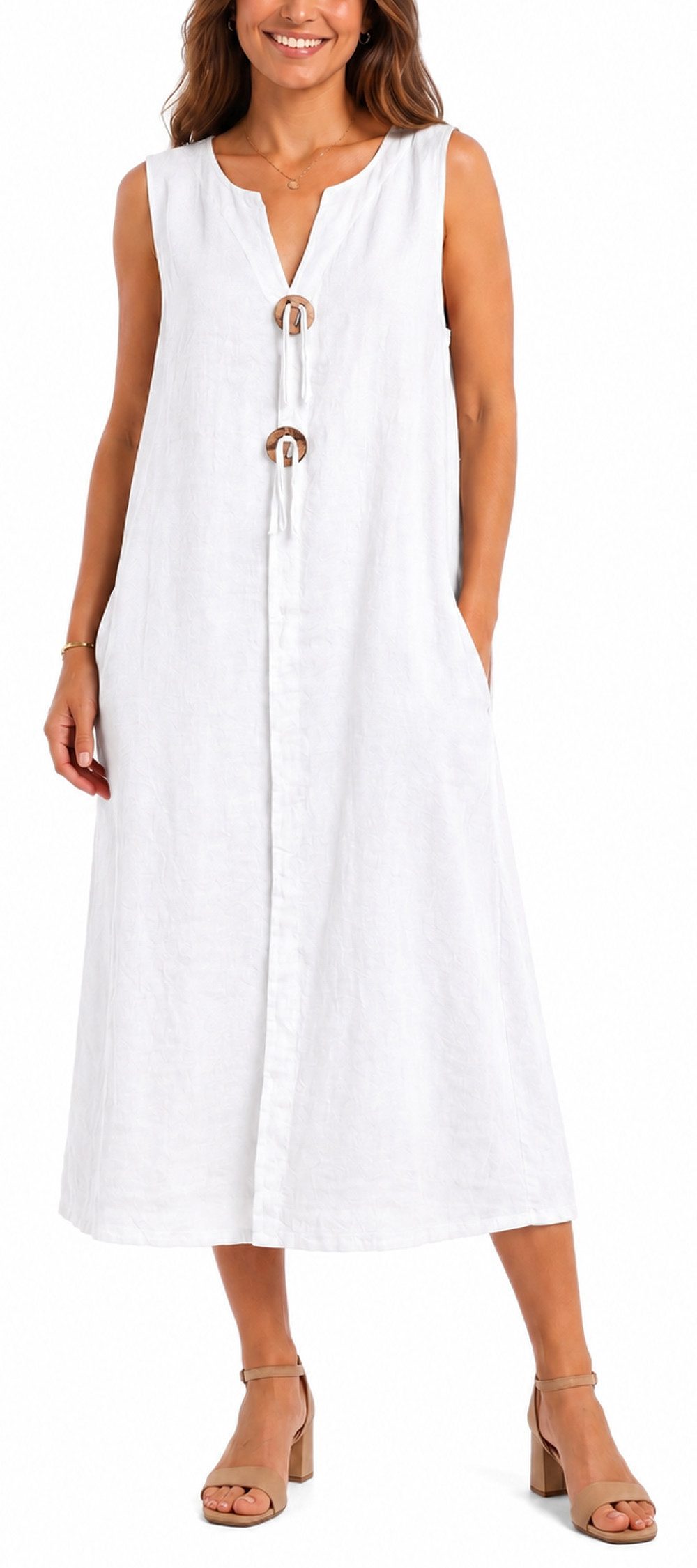 dy_mode Sommerkleid Damen Leinenkleid Luftiges Maxi Sommerkleid Strandkleid Damenkleid in Unifarbe, V-Ausschnitt, mit seitlichen Eingriffstaschen