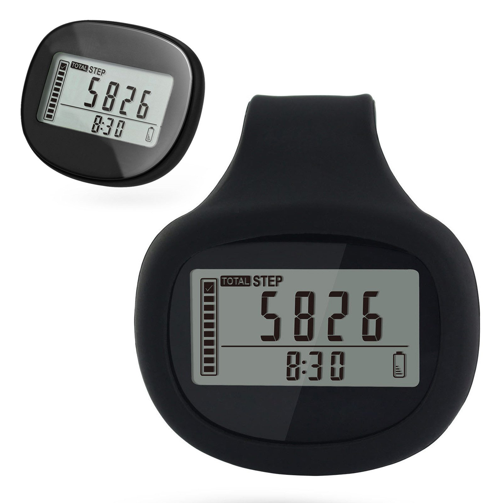 MODFU Schrittzähler Schrittmesser mit 3D-Sensor Bewegungszähler Pedometer (mit 12/24-h-Anzeige Silikonhülle und Batteriewarnung, 1-tlg., mit LCD-Display Zielschritte-Fortschrittsbalken 7-Tage-Speicher), ideal für Alltag und Sport