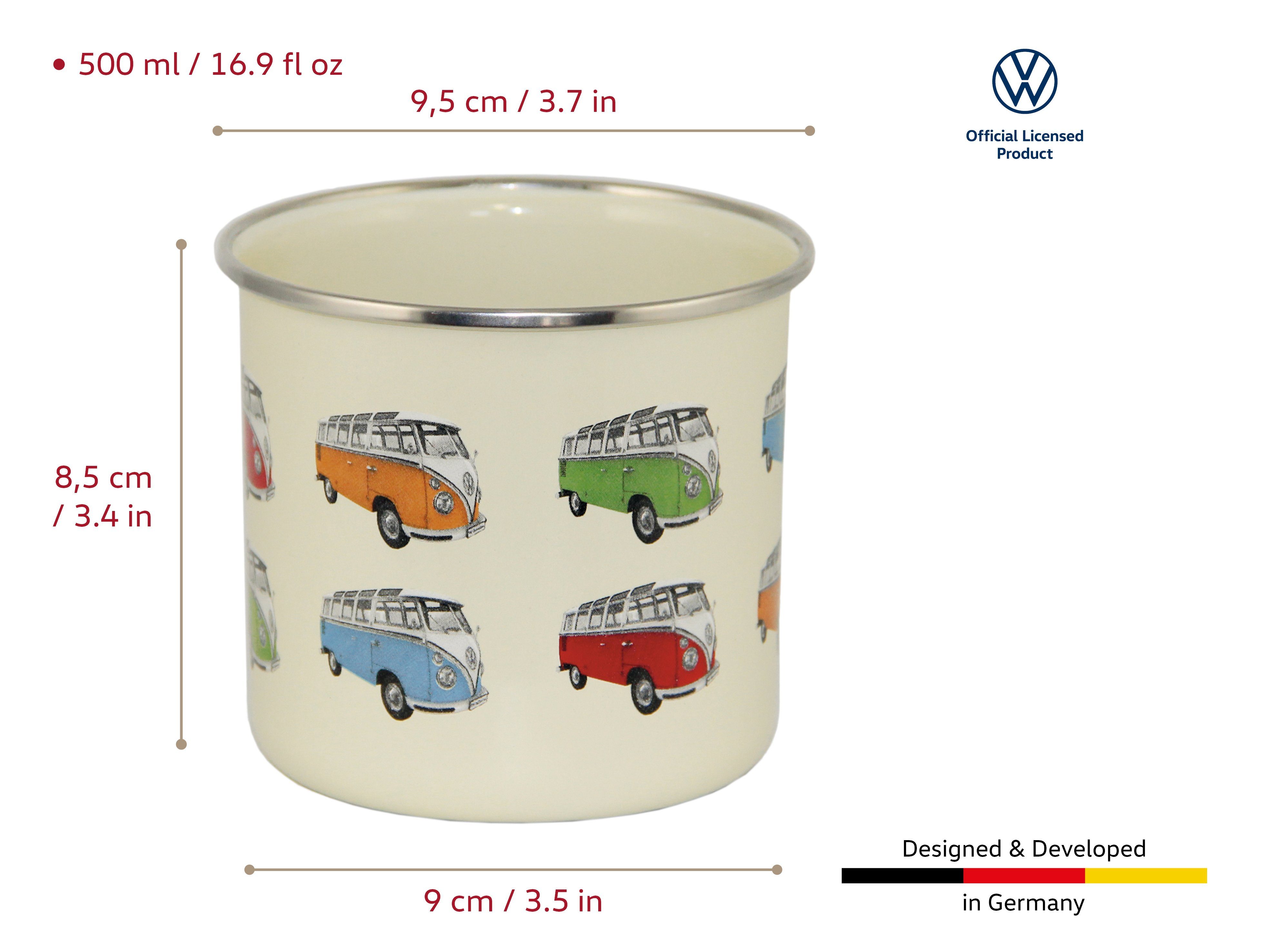VW Collection by BRISA Tasse Volkswagen Große Emaille Kaffee-Tee-Tasse-Becher-Haferl, 1-tlg., Stahlblech, für Camping & Outdoor T1 Bus in verschiedenen Farben und Designs