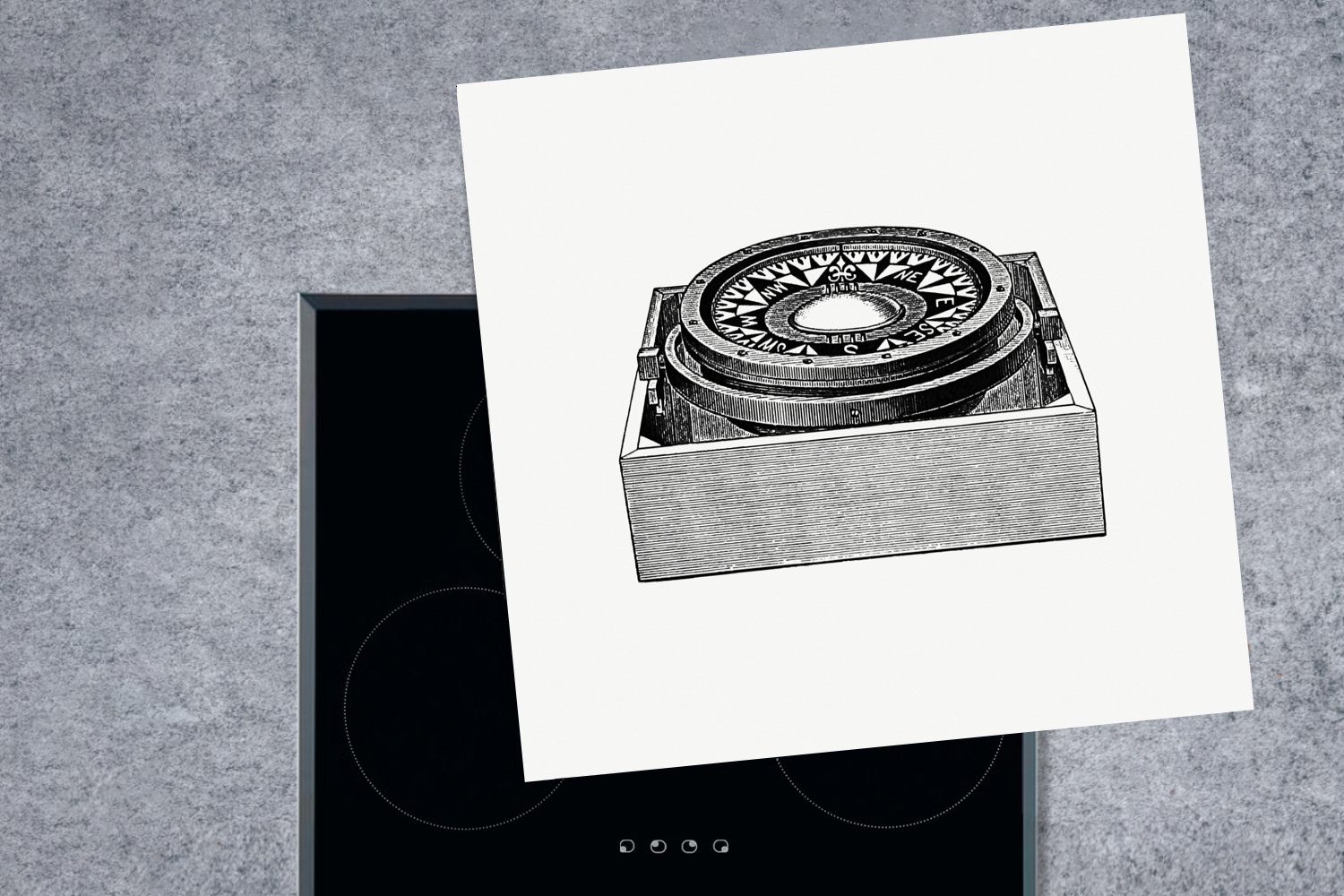 Arbeitsplatte küche Vintage für tlg), 78x78 - - Ceranfeldabdeckung, Kompass Herdblende-/Abdeckplatte MuchoWow (1 cm, Weiß, Vinyl,
