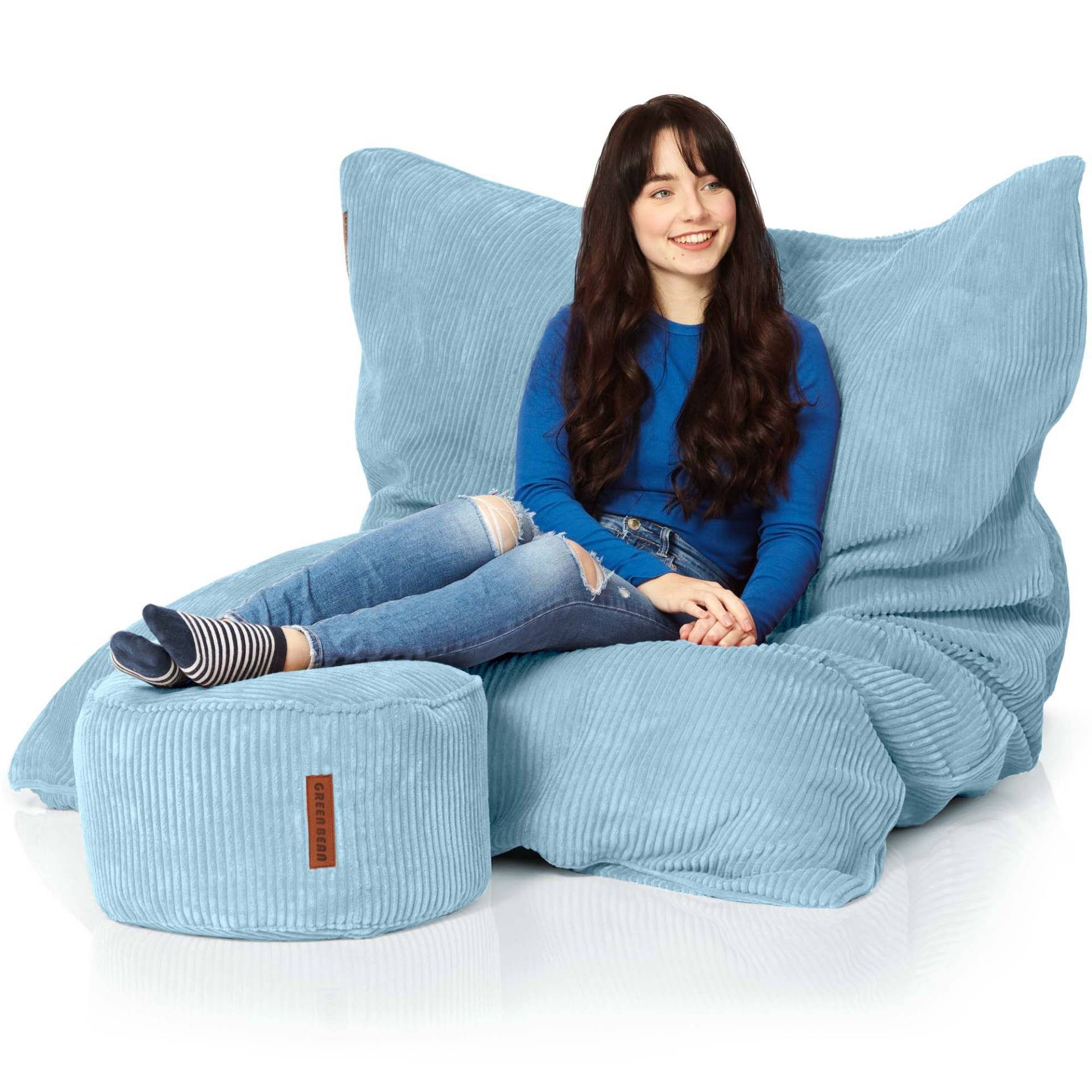 Green Bean Sitzsack XXL Sitzsack Square Cord + Hocker (Sitzsack + Hocker im Set - XXL Riesensitzsac mit passendem Fußhocker), Bean Bag Bodenkissen Liegekissen Sitzkissen Indoor Drinnen Waschbar
