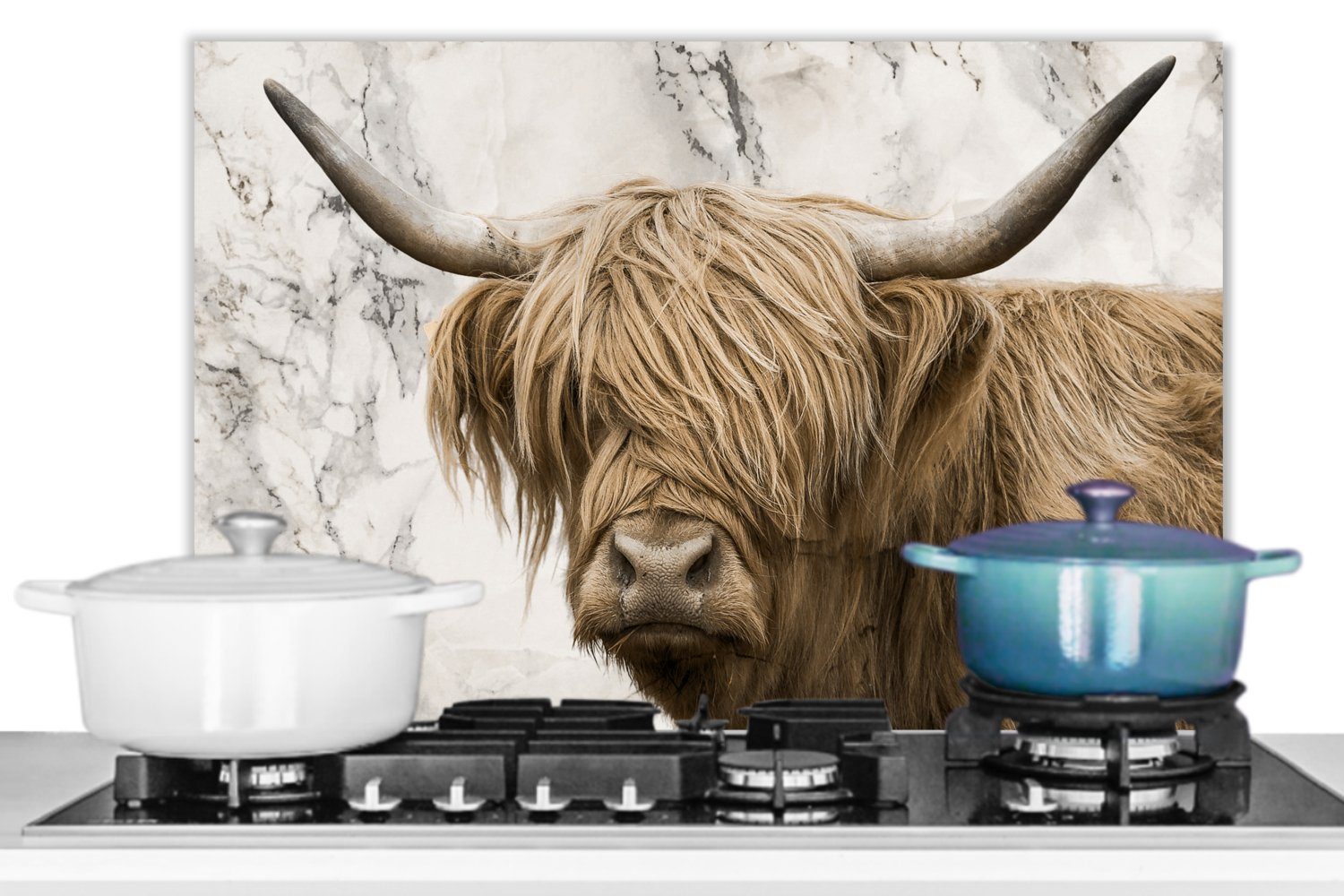 Wandschutz, Highlander Tiere, - 60x40 (1-tlg), Küchenrückwand MuchoWow Marmor cm, Schottischer küchen aus Herdblende Temperaturbeständig -