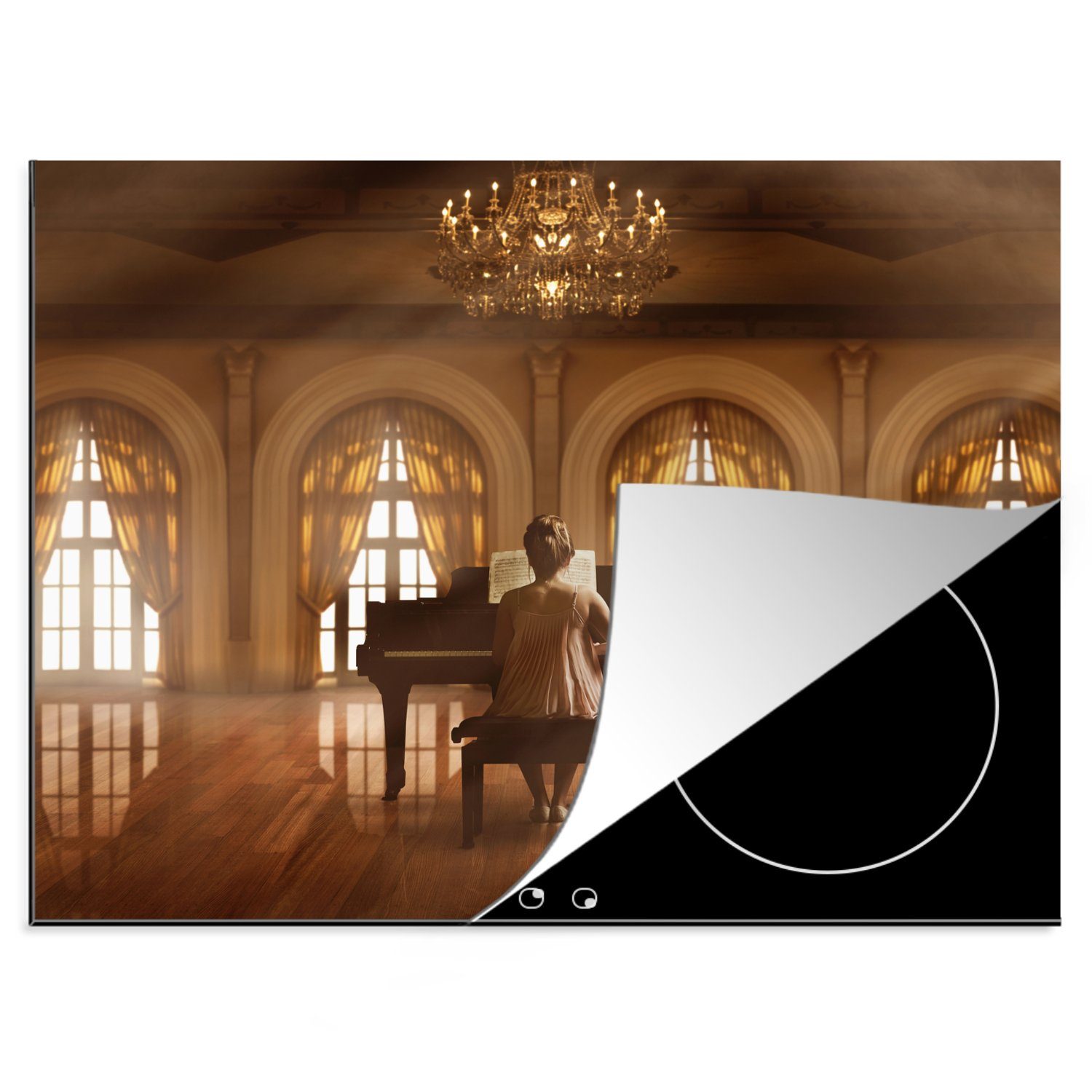 MuchoWow Herdblende-/Abdeckplatte Pianist spielt Klavier im Ballsaal, Vinyl, (1 tlg), 60x52 cm, Mobile Arbeitsfläche nutzbar, Ceranfeldabdeckung