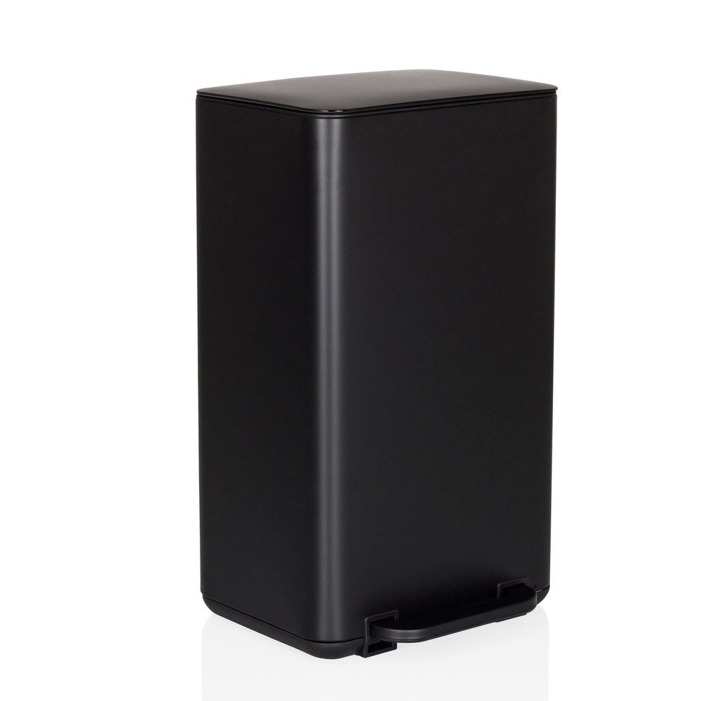 hjh OFFICE Mülleimer Mülleimer CLEAN NATURA Metall, Treteimer 30 Liter mit Softclose, Abfalleimer eckig mit Bambusdeckel