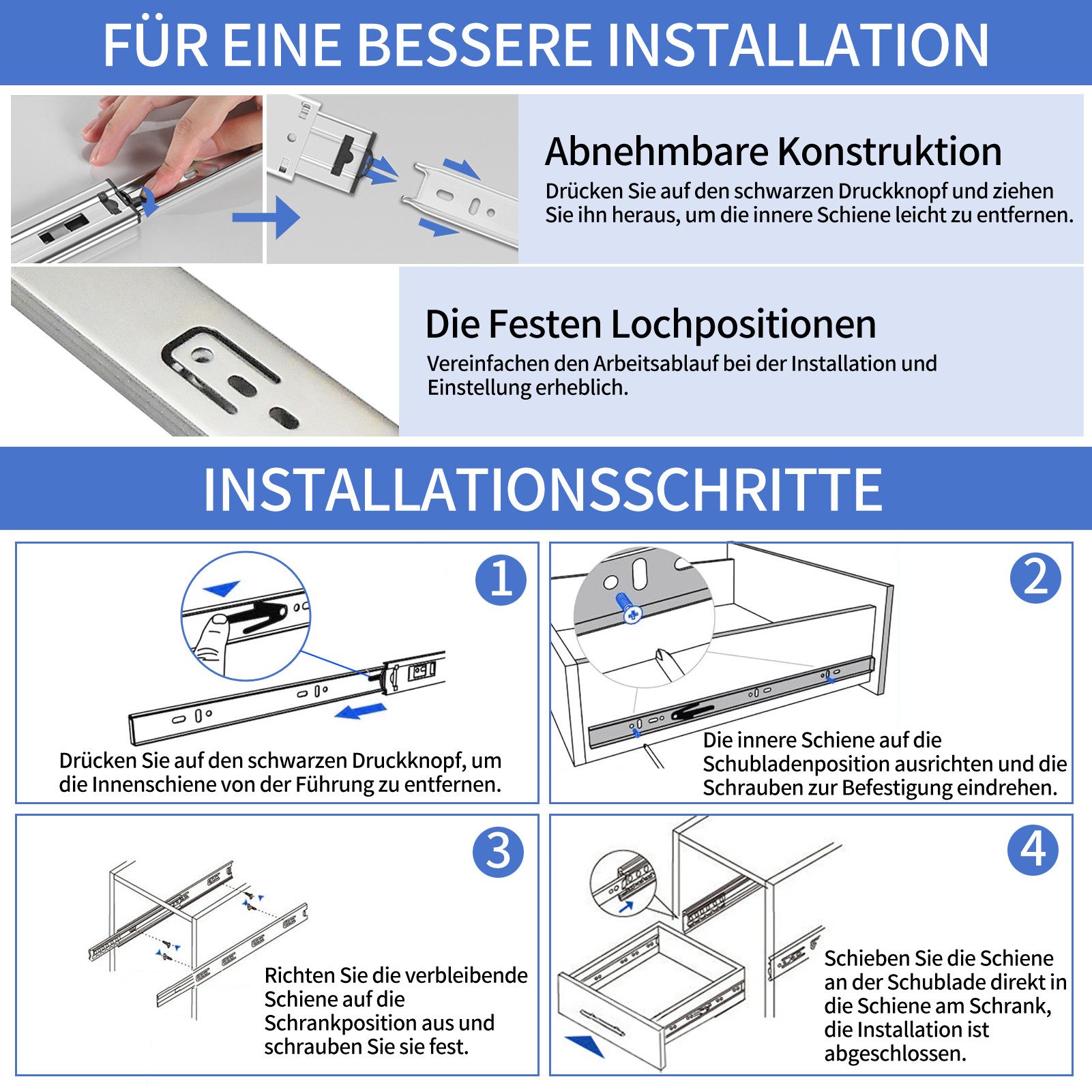 Wayne Hardware Auszug Schubladenführungen Vollauszug Schienensystem 45kg laden (Breite: 45 mm, 25.000-mal ausziehbar, Präzisions-Kugelgleitschiene, Dreiteiliger Vollauszug, Einfach zu installieren)