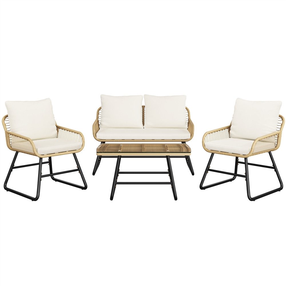Yaheetech Gartenlounge-Set 4 tlg., 2 Sessel, 1 Zweisitzer-Sofa & 1 Glastisch Wetterfest für Außenbereiche