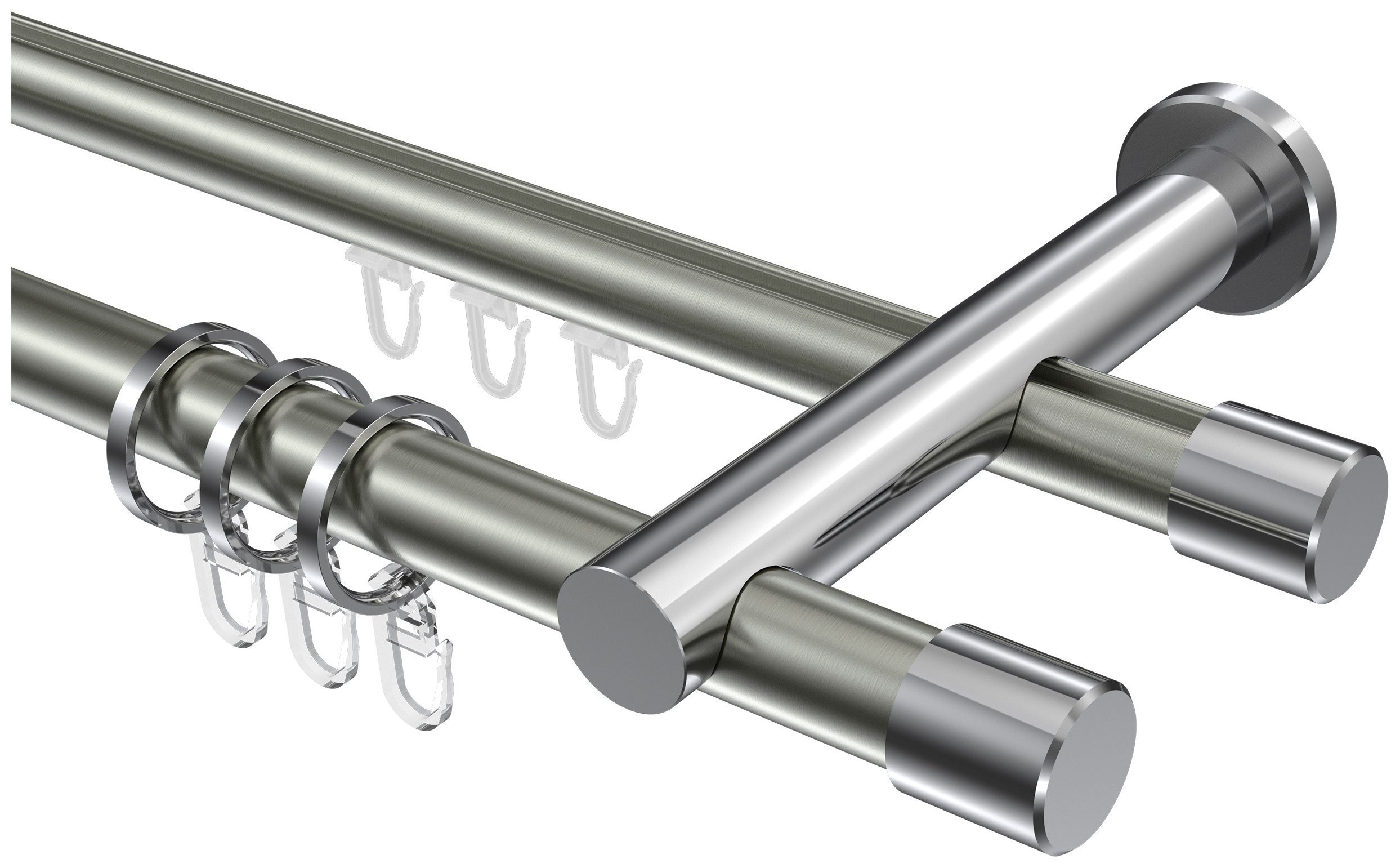 INTERDECO Gardinenstange Platon Santo, Ø 20 mm, 2-läufig, Fixmaß, kürzbar, Wandmontage, Aluminium, Edelstahl-Optik / Chrom / Bicolor