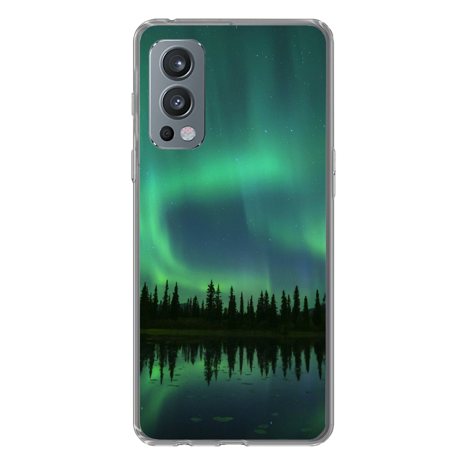 MuchoWow Handyhülle für OnePlus Nord 2 5G Nordlicht - Bäume - Wasser - Alaska, Phone Case, Silikon, Schutzhülle Dünn