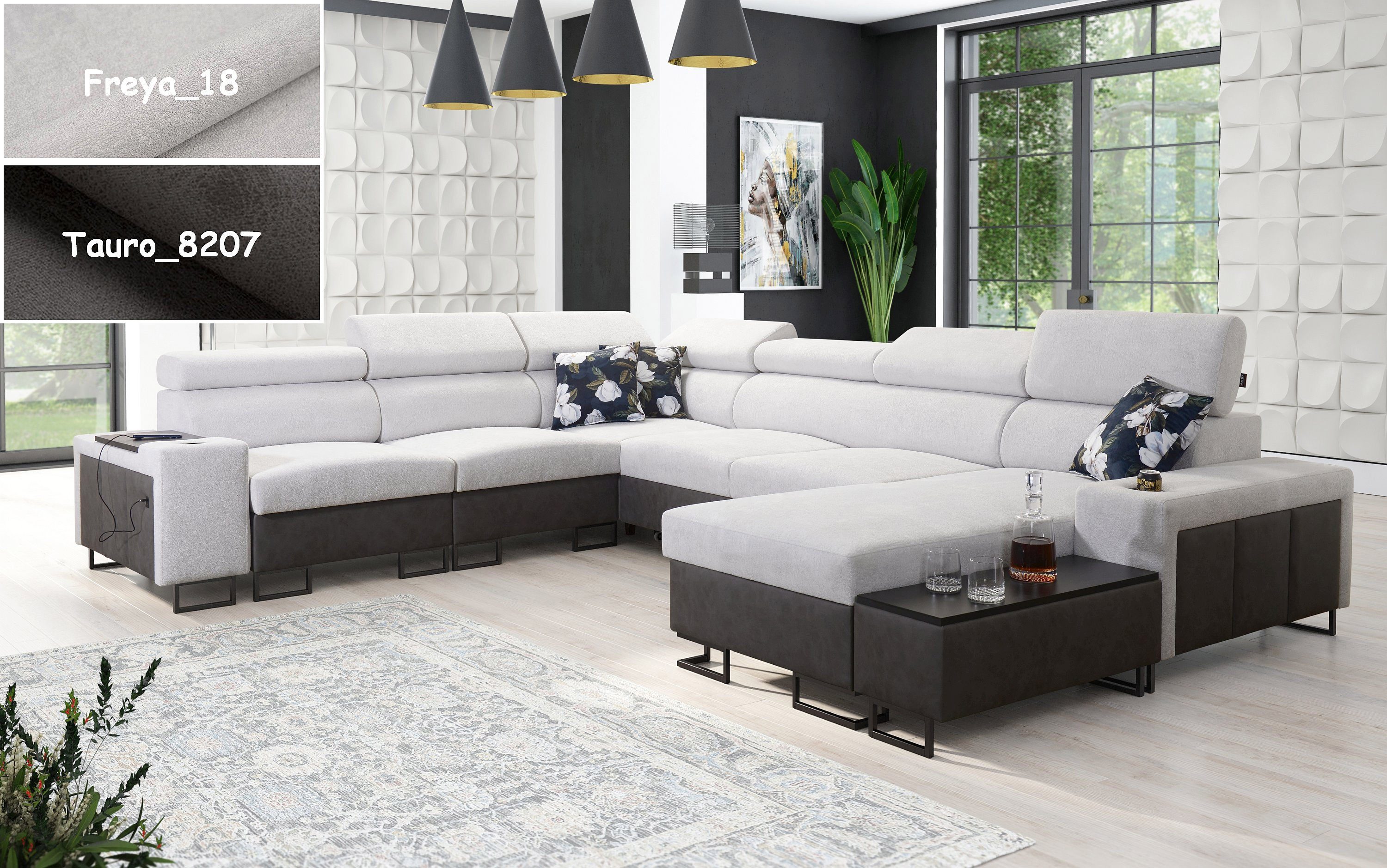 Möbel für Dich Wohnlandschaft XXL Melody VIII in U Form, mit Ablagen, Becherhalter, USB-Ladebüchse, Beistelltisch, 3 Bettkästen