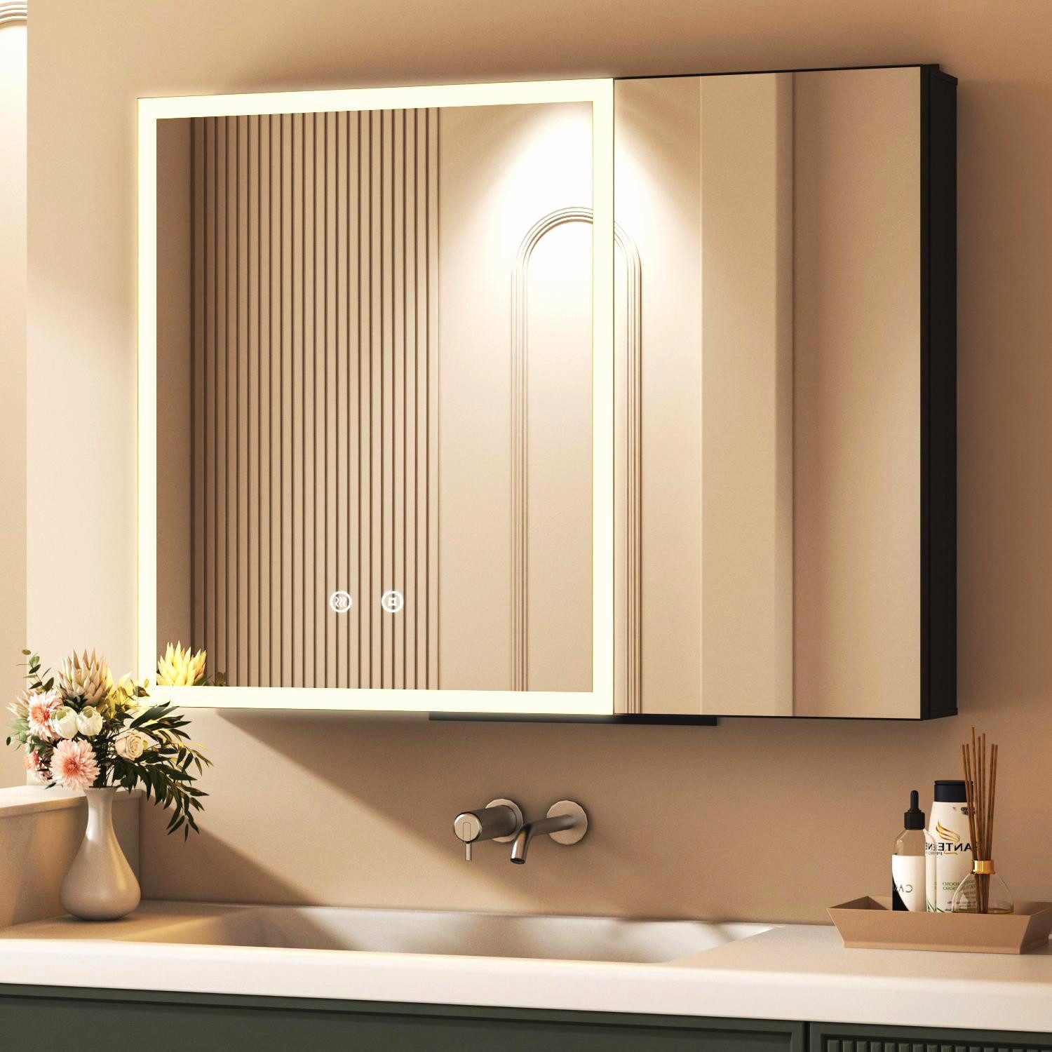 WDWRITTI Spiegelschrank Badezimmer Schrank LED Spiegelschrank Kalt/Neutral/Warmweiß dimmbar (Badezimmerspiegelschrank Schwarz matt 2-türig, 80x12,5x60cm) Doppelspiegel, Alu-Schrank, vormontiert