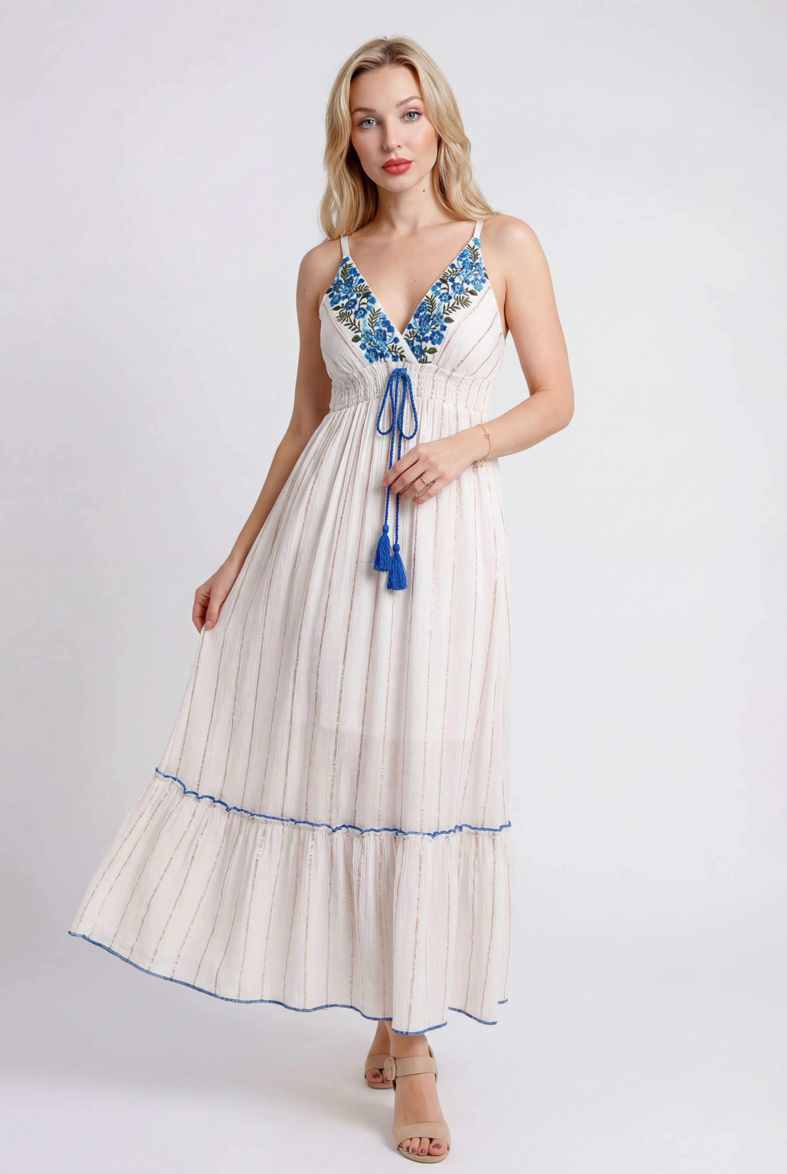 YC Fashion & Style Maxikleid Sommerkleid mit floraler Stickerei und elastischer Empire-Taille aus Viskose