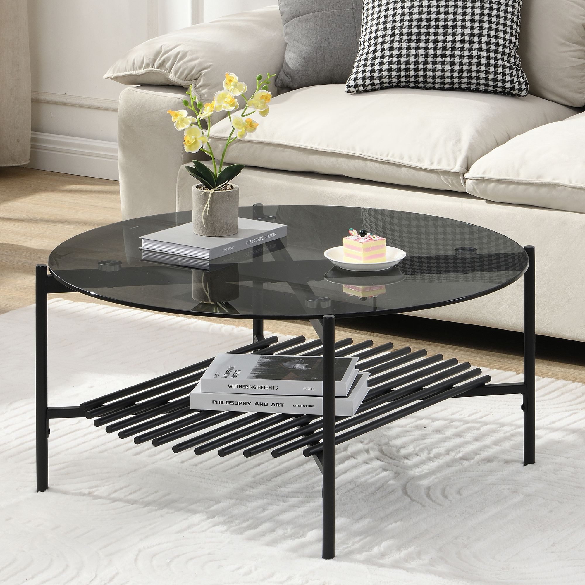 FINEBUY Couchtisch FB111842 Wohnzimmertisch Glas Metall 80 cm Schwarz Rund Sofatisch (Sofatisch Glas Rund 80 cm Schwarz Industrial), Wohnzimmertisch mit Ablage, Metallgestell Modern