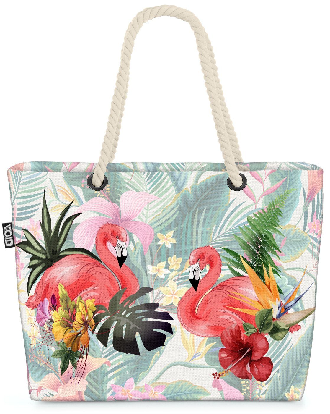 VOID Strandtasche (1-tlg), Tropen Flamingos Beach Bag Flamingo Safari Zoo Vogel Blumen Palmen-Blätter