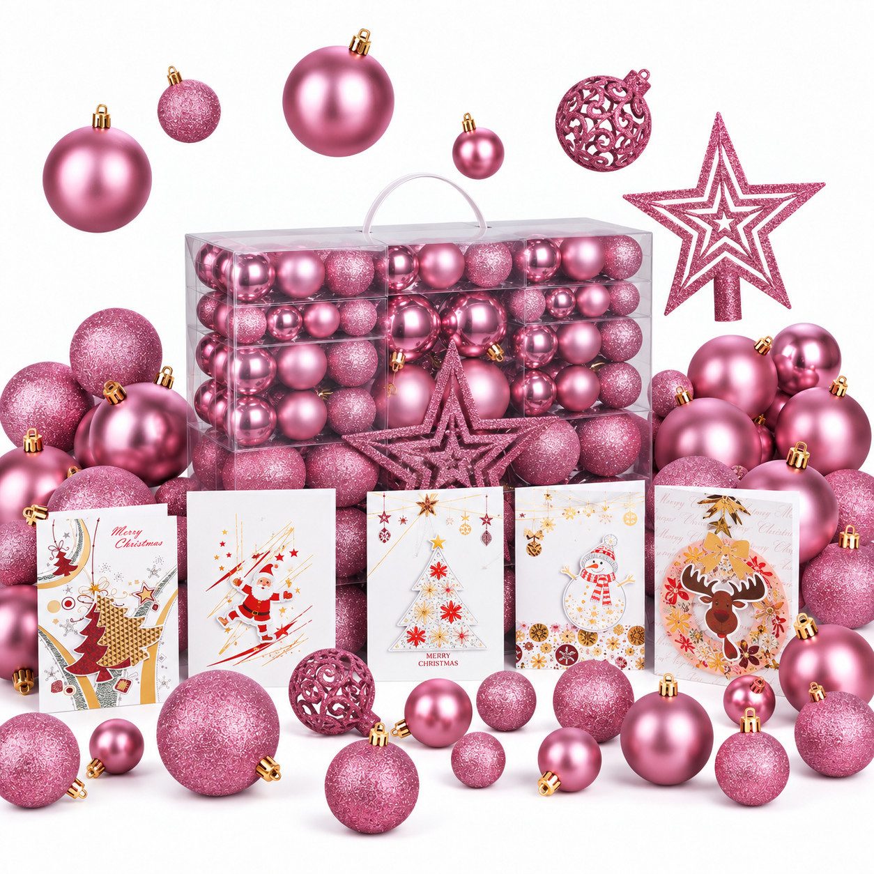 Onbest Weihnachtsbaumkugel Weihnachtskugeln 128-teiliges Set PLUS 5x Karten & 1x Baumspitze, in 3 Größen, 3 Designs, Weihnachtsschmuck Weihnachtsdeko