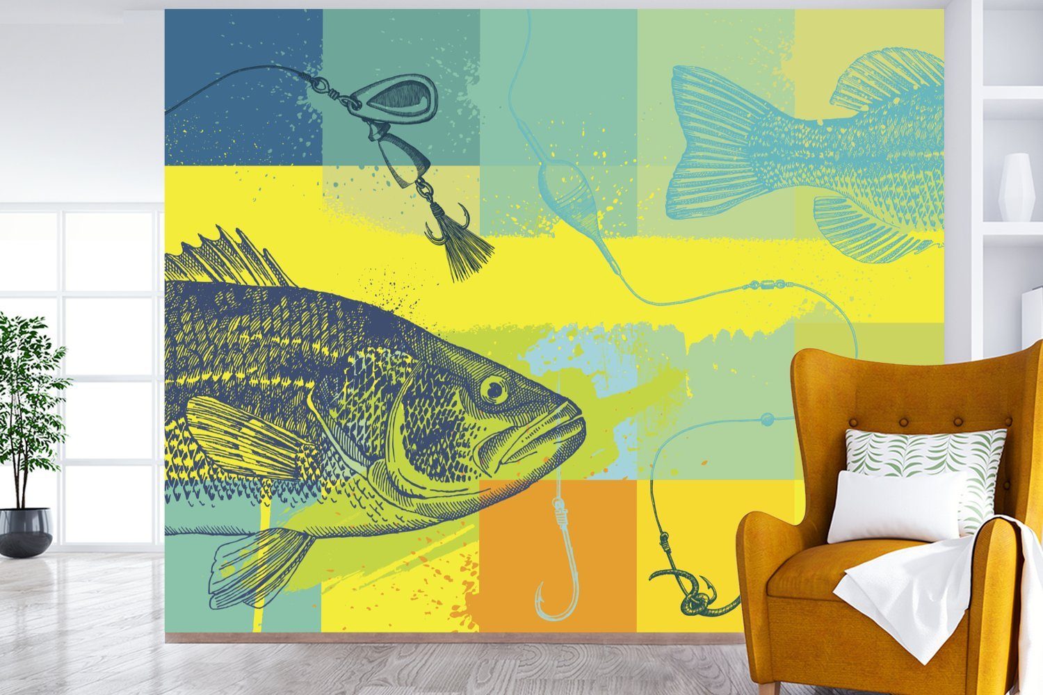 für Fisches, MuchoWow Tapete Matt, Fototapete (5 eines Wandtapete Farbige St), Montagefertig Wohnzimmer, Illustration Vinyl bedruckt,