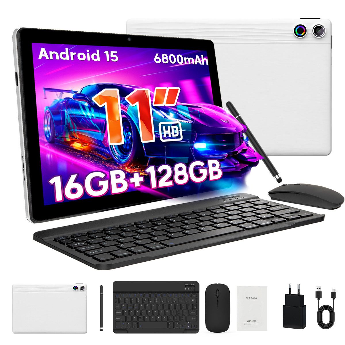 Happybe 11 Zoll Android 15, 128GB 1 TB TF Erweiterbar, HD 1280x800, 6800mAh Tablet (11", 128 GB, Android, 2,4G/5G WiFi, 16(4+12)GB RAM, WiFi 6, Bluetooth 5,3, mit Tastatur, Maus und Stift)