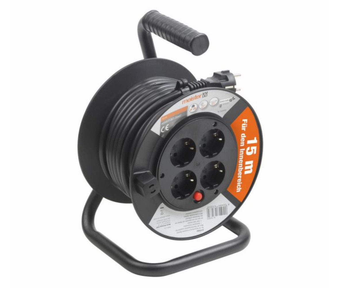Meister Werkzeuge Kabeltrommel Verlängerungskabel 15m 4 Steckdosen IP20 H05VV-F 3G1,5mm² Kabeltrommel (Handkurbel, Tragegriff, Standfuss, Thermoschalter, Kabellänge 15 m)
