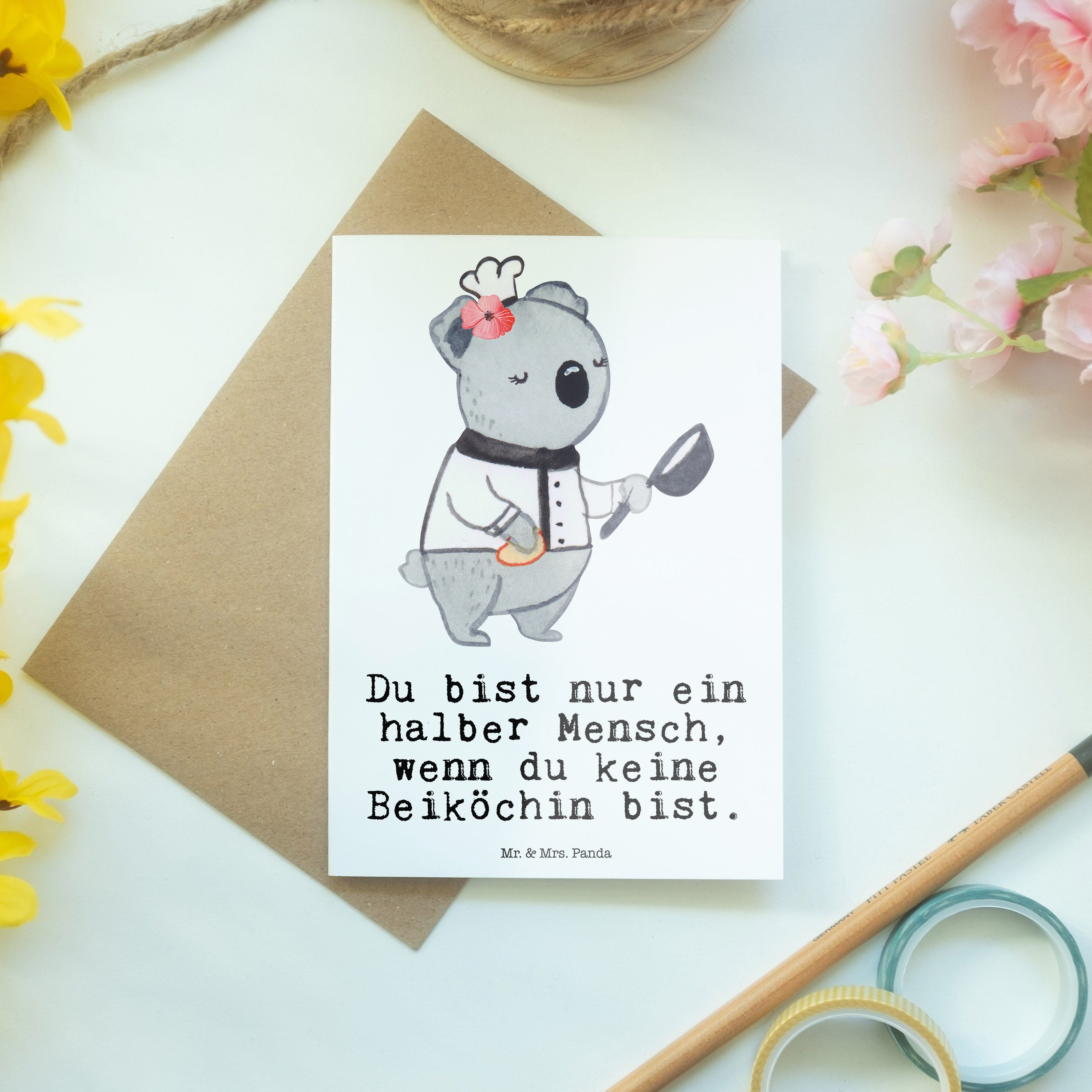 Mr. & Mrs. Panda Grußkarte Beiköchin mit Herz - Weiß - Geschenk, Hochzeitskarte, Jungkoch, Frühs
