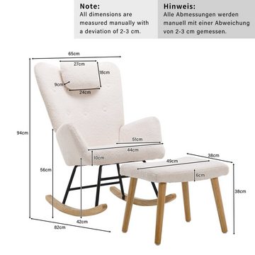 Merax Schaukelstuhl mit Teddyplüsch, Swingsessel mit Holzsockel, Schaukelsessel mit Hocker, Kopfstütze