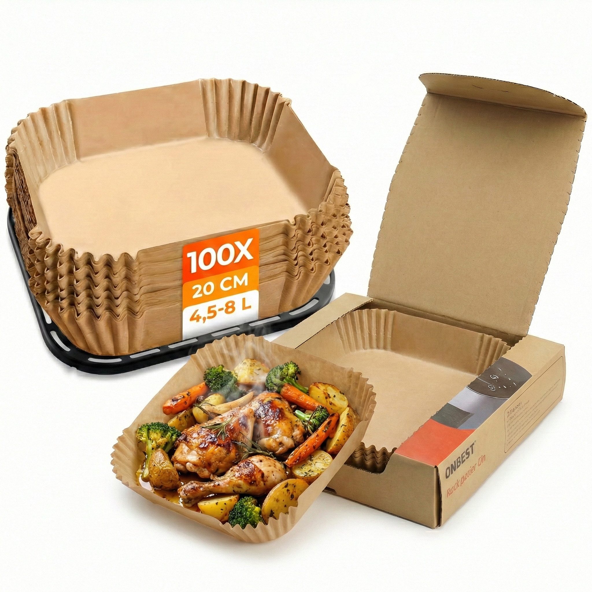 Onbest Backpapier 100 x Universal für alle AirFryer Heißluftfritteusen mit SMART BOX, 20 x 20 cm, für 4,5-8 Liter, Eckig, bis 230 °C, BPA-frei