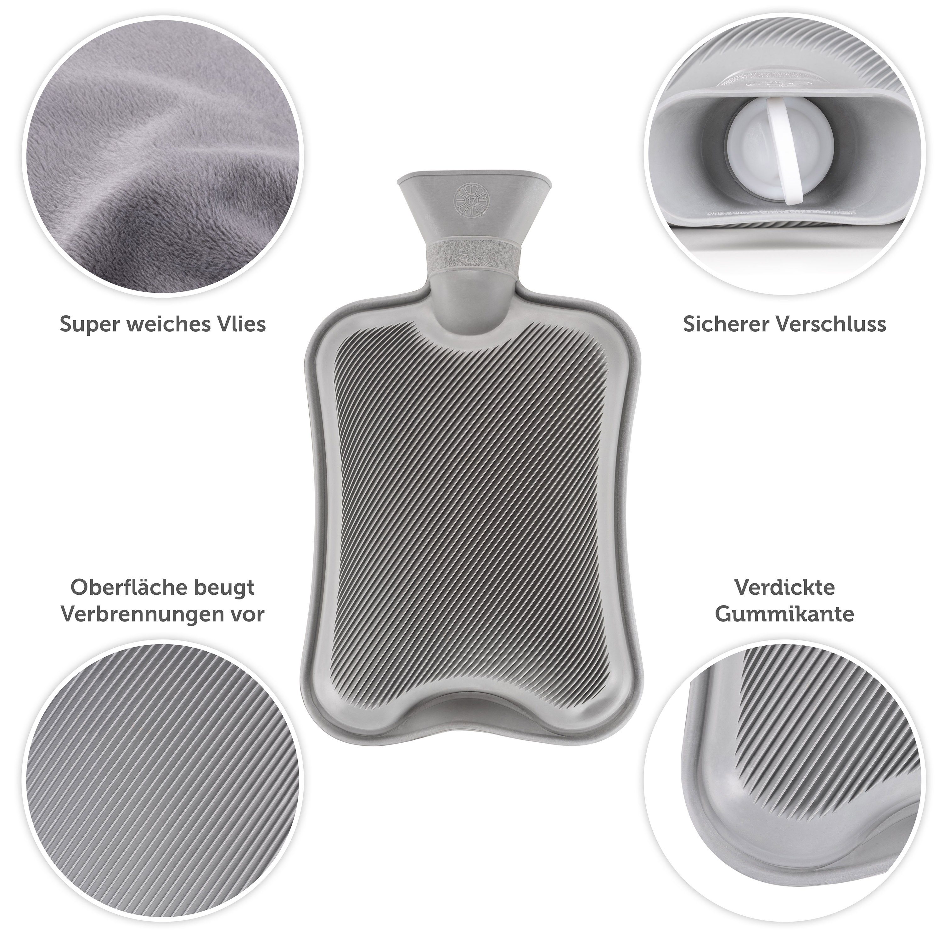 Blumtal Wärmflasche mit Premium Vliesbezug in Samtoptik, (aus Naturkautschuk für Kinder und Erwachsene), Auslaufsichere Wärmflasche mit Bezug zur Schmerzlinderung