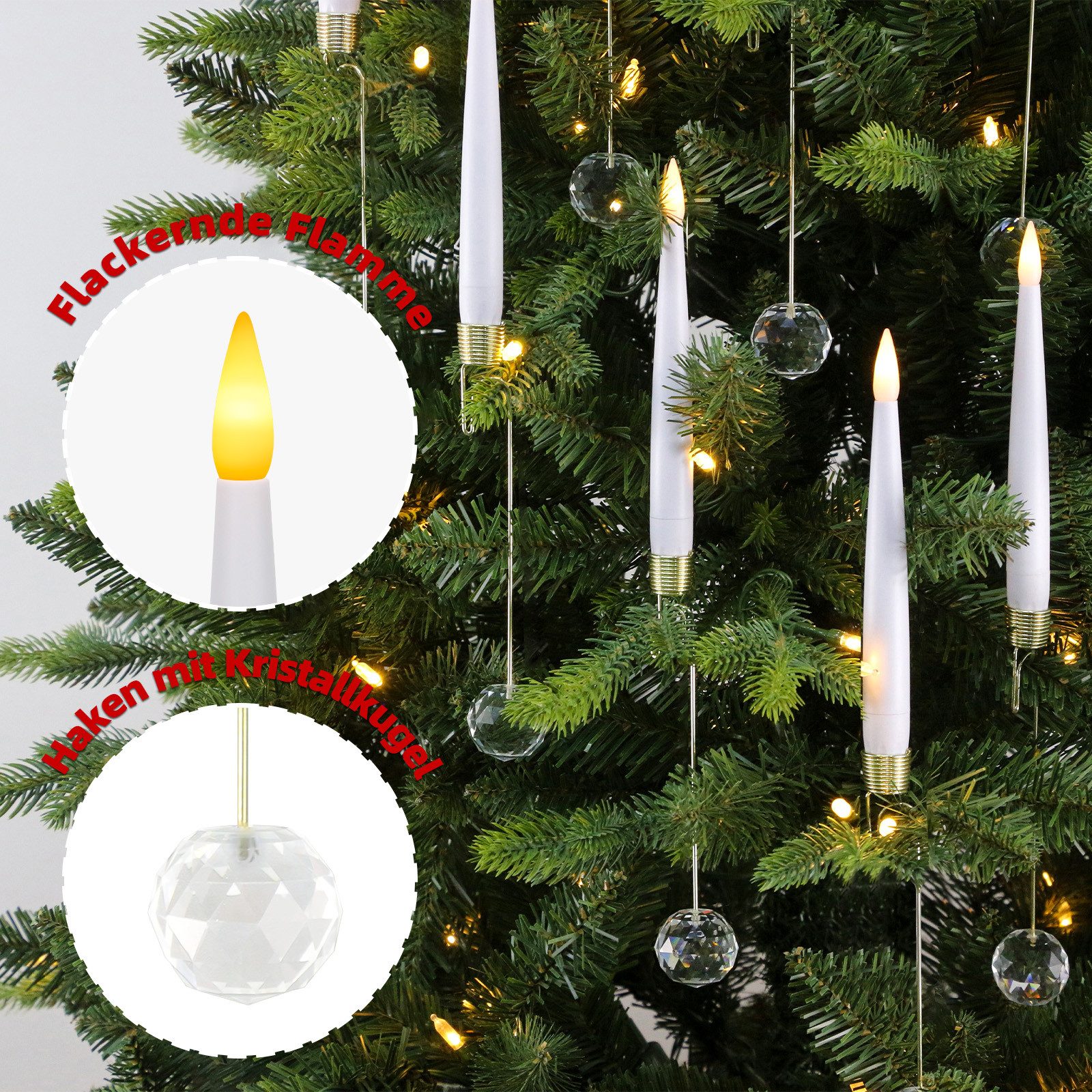 OZAVO LED-Kerze LED Weinachtsbaum Kerzen mit Kristallkugel Haken,12 pcs (Flammenlose Tafelkerzen mit Timerfunktion,Fernbedienung, LED Weihnachtsbaum kerzen mit  – Bild 5 von 5