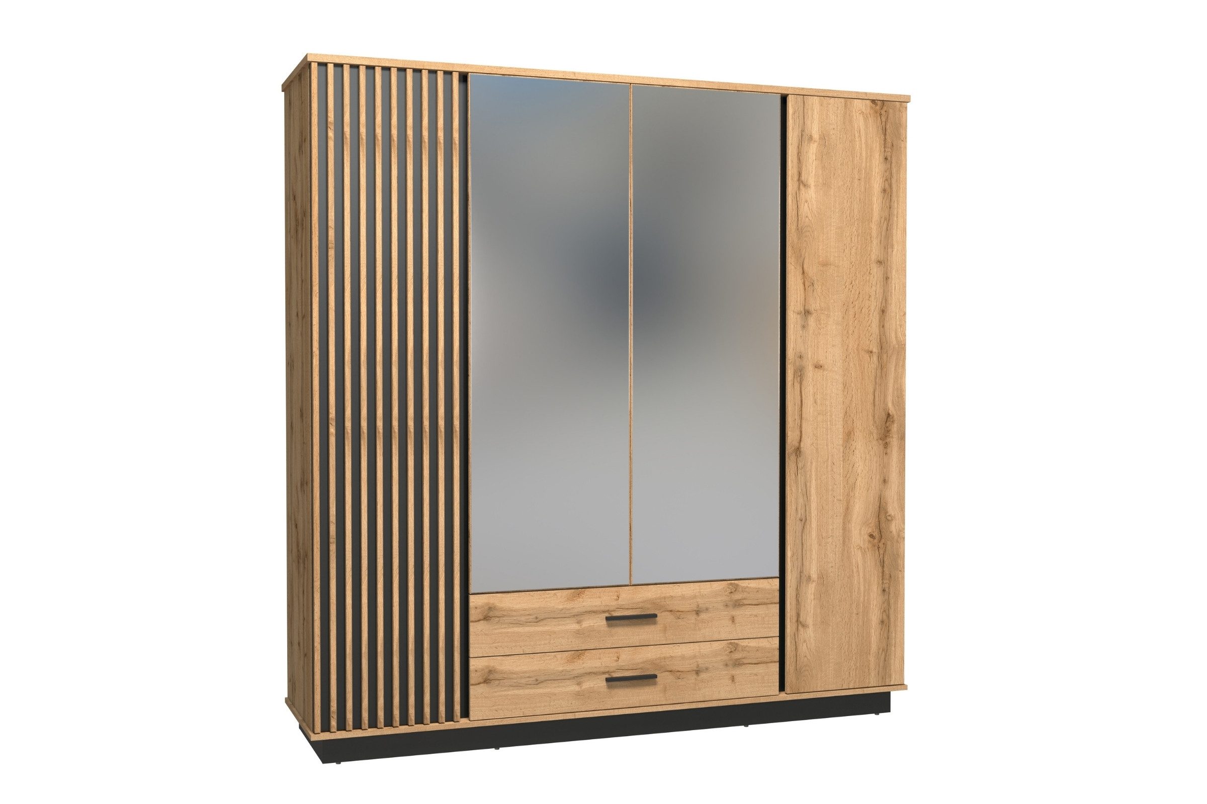 Deine Möbel 24 Kleiderschrank LAMI 18 mit Lamellen, Spiegel & 2 Schubladen (ideal für Schlafzimmer, Flur, Garderobe & Jugendzimmer, 1-St., Größe: 205 x 197 x 52 cm breit) Drehtürenschrank in Wotan Eiche/Schwarz Matt