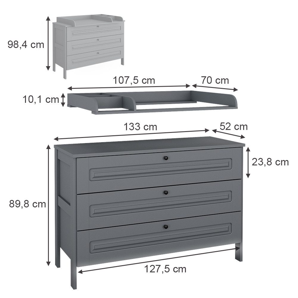 VitaliSpa® Wickelkommode Ajaton, Grau, 133 x 98.4 cm mit 3 Schubladen